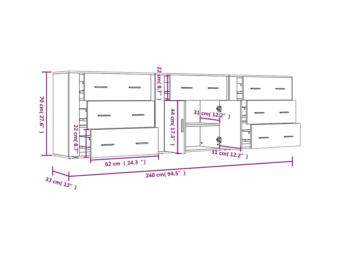 Credenza buffet cassettiera mobile contenitore organizer cucina soggiorno soggiorni 3 pz derivati ​​del legno bianco 02_0037011