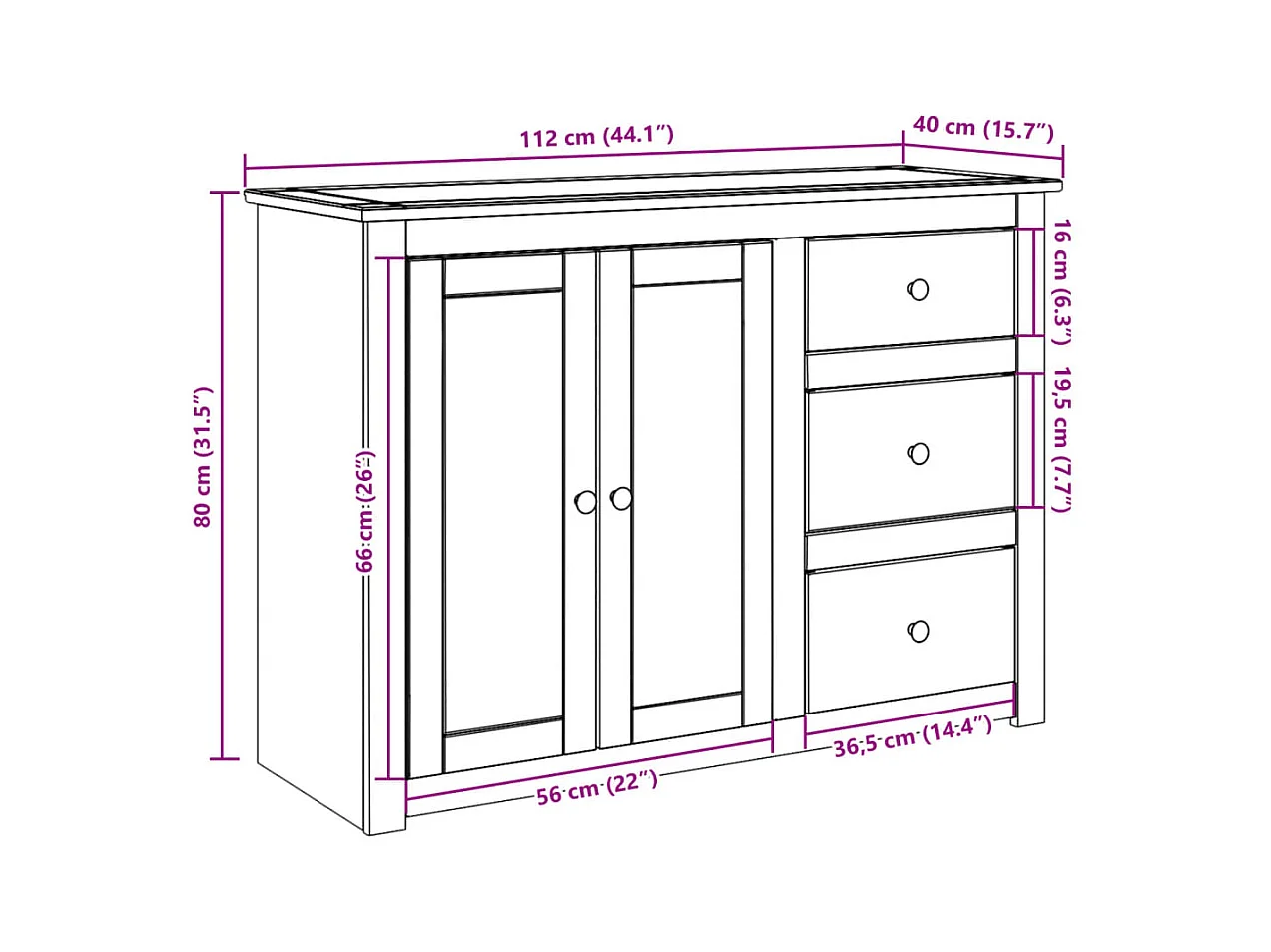 Aparador cómoda mueble almacenaje organizador cocina salón salón con cajones 112 x 40 x 80 cm madera maciza de pino marrón 02_0030129