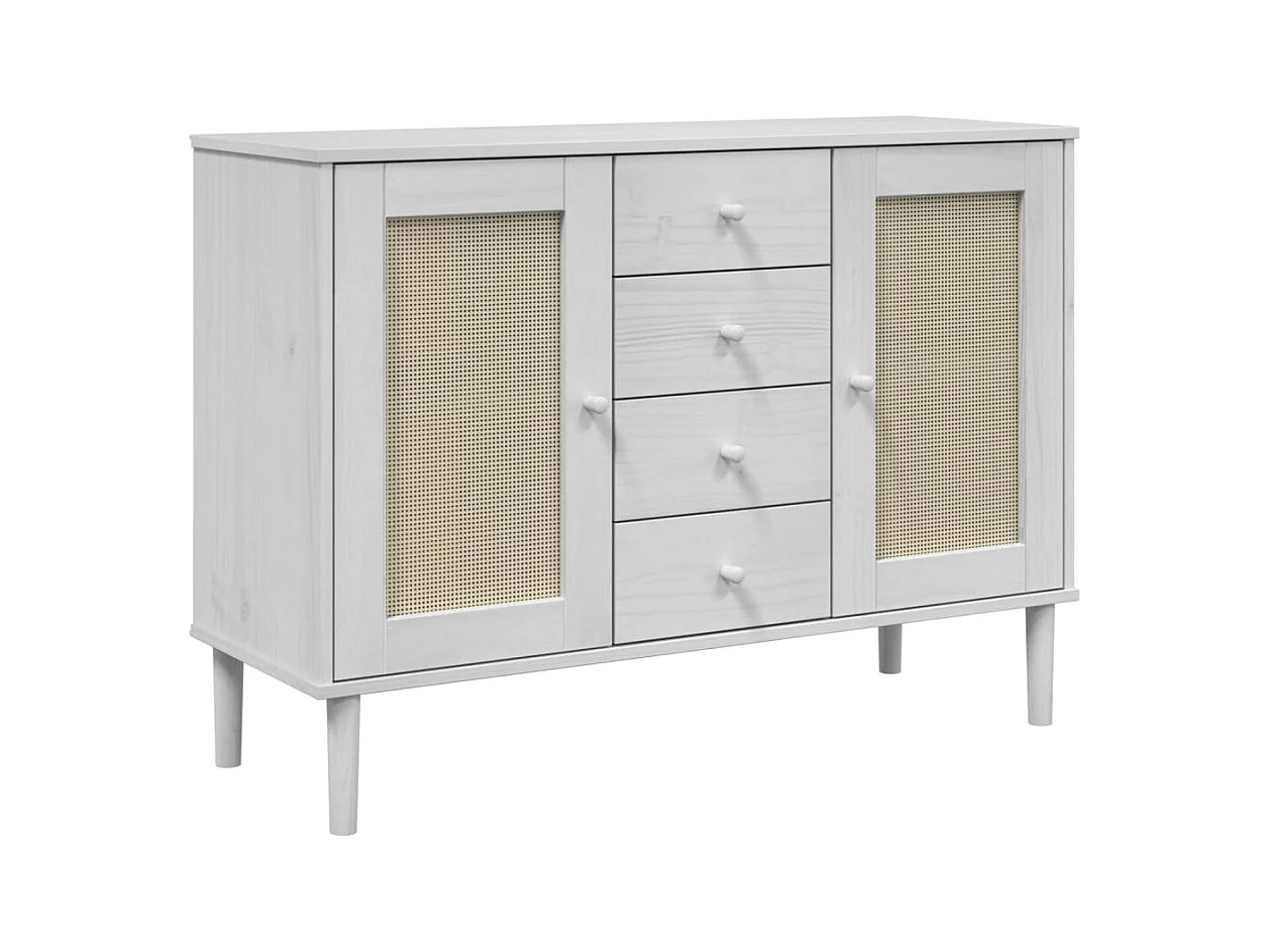 Credenza buffet cassettiera mobile contenitore organizer cucina soggiorno soggiorno effetto rattan 112 x 40 x 80 cm legno massiccio di pino bianco 02_0036223