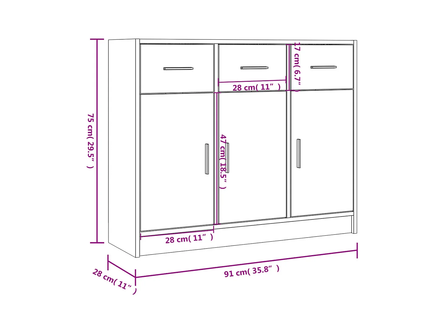 Aparador buffet cómoda armario unidad de almacenamiento organizador cocina salón salón 91 x 28 x 75 cm madera contrachapada negra 02_0036153