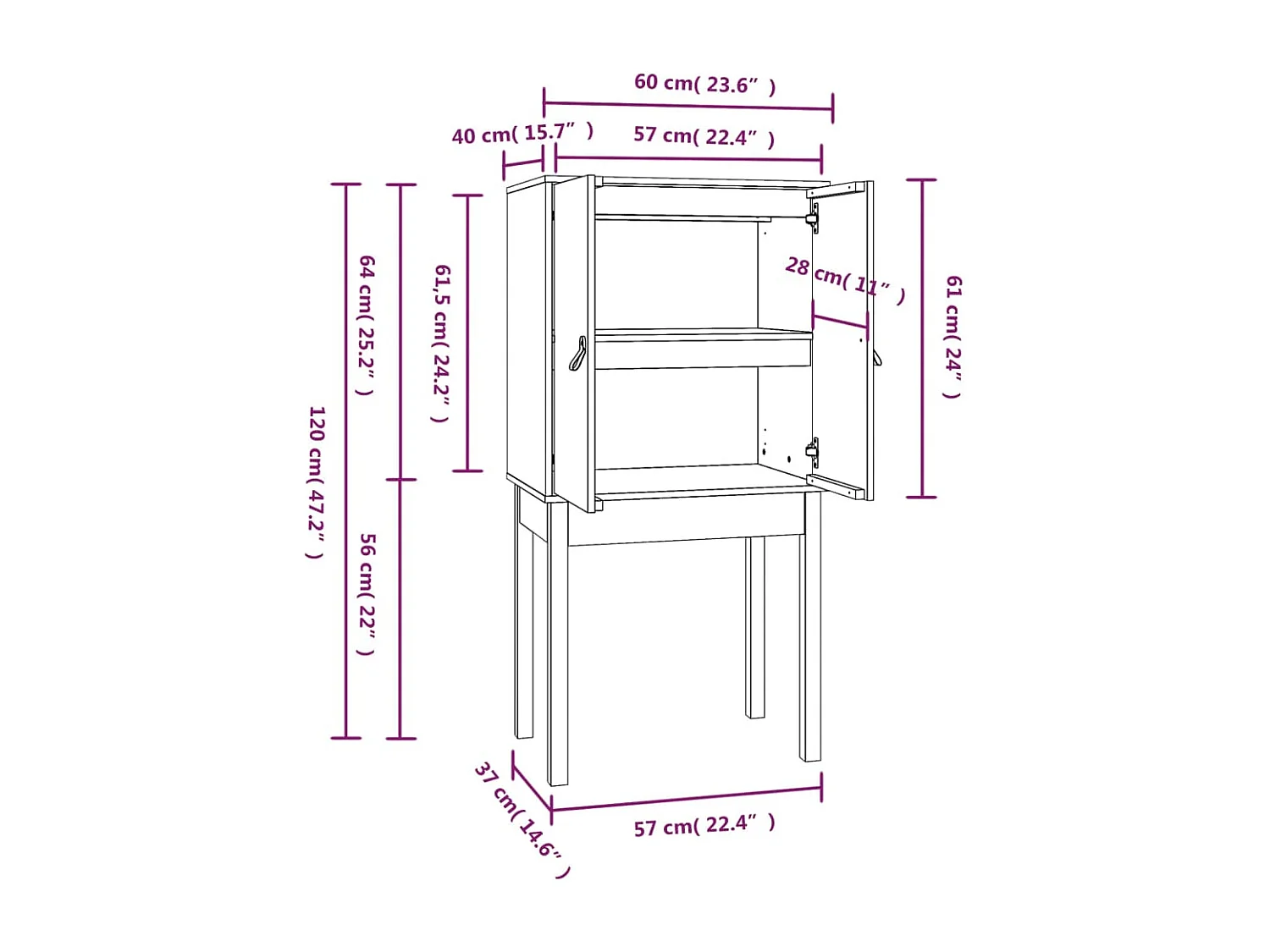 Credenza buffet cassettiera mobile contenitore organizer cucina soggiorno soggiorno alto 60 x 40 x 120 cm legno massello di pino nero 02_0034948