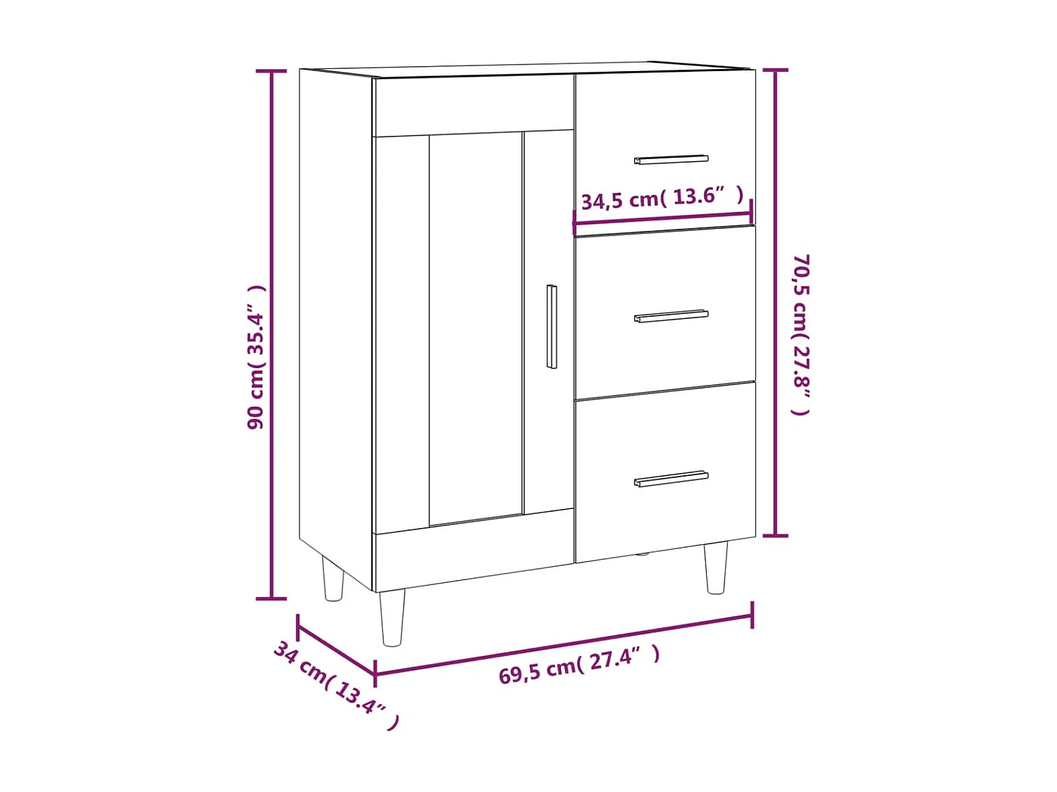 Aparador buffet cómoda armario unidad de almacenamiento organizador cocina salón salón 69,5 x 34 x 90 cm madera contrachapada blanco 02_0030430