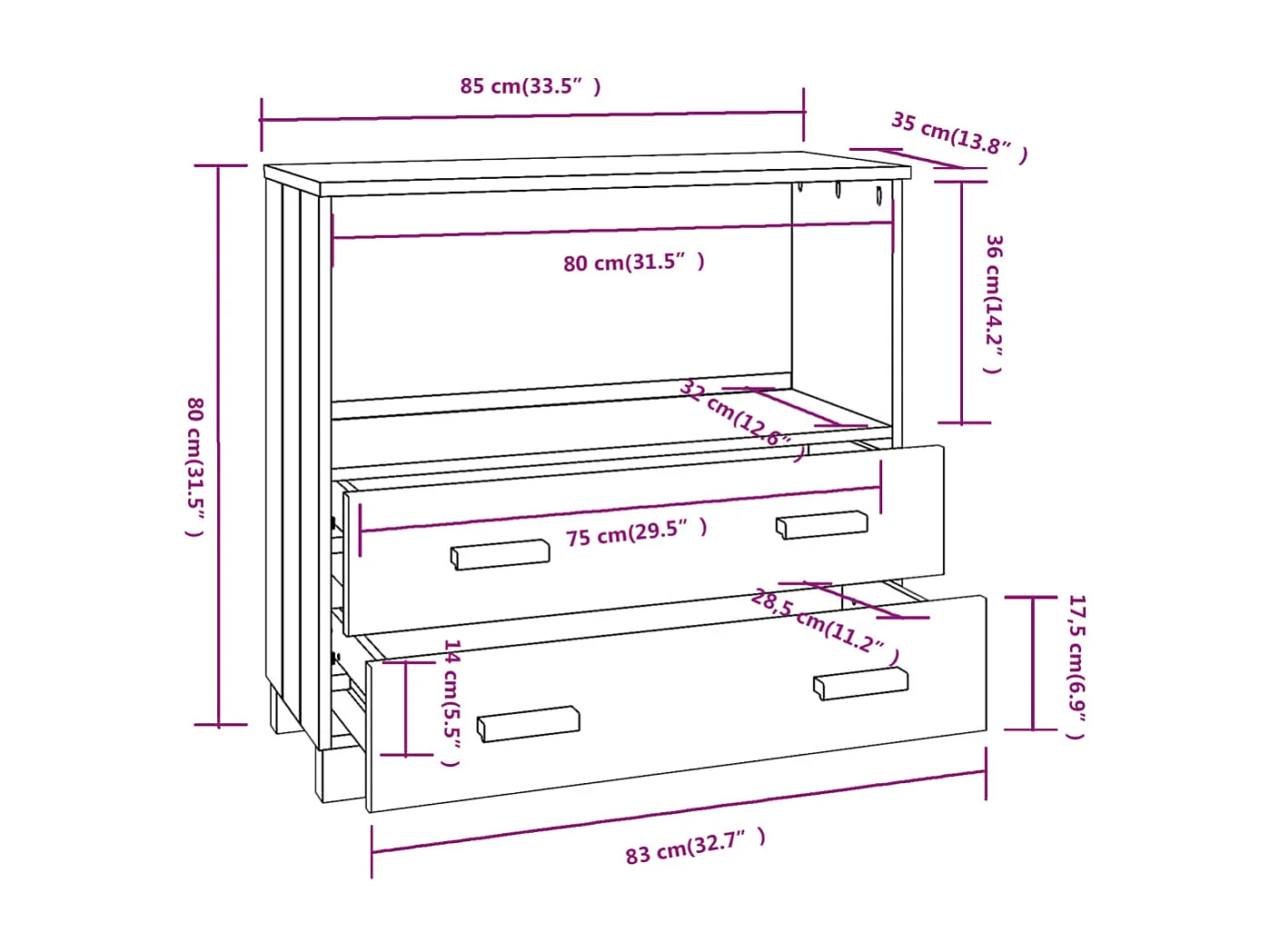 Aparador buffet cómoda armario unidad de almacenamiento organizador cocina salón salón 85 x 35 x 80 cm madera maciza de pino blanco 02_0032134