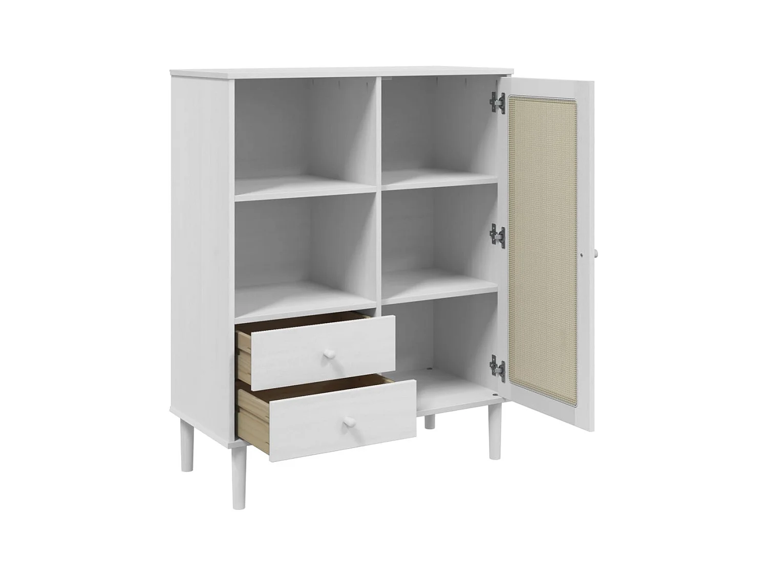 Credenza buffet cassettiera mobile contenitore organizer cucina soggiorno soggiorno effetto rattan 90 x 40 x 112 cm legno massello di pino bianco 02_0036227