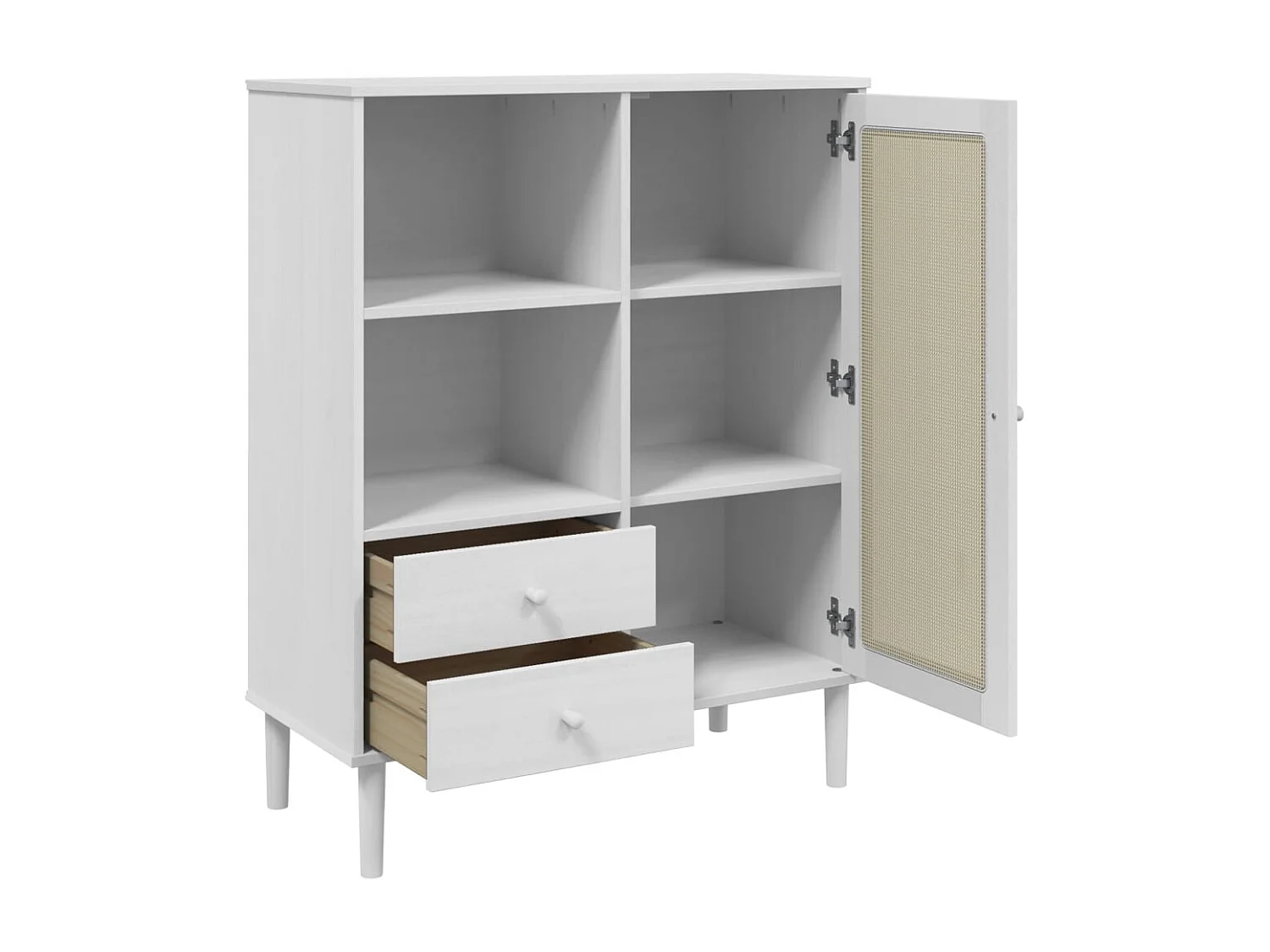 Credenza buffet cassettiera mobile contenitore organizer cucina soggiorno soggiorno effetto rattan 90 x 40 x 112 cm legno massello di pino bianco 02_0036227