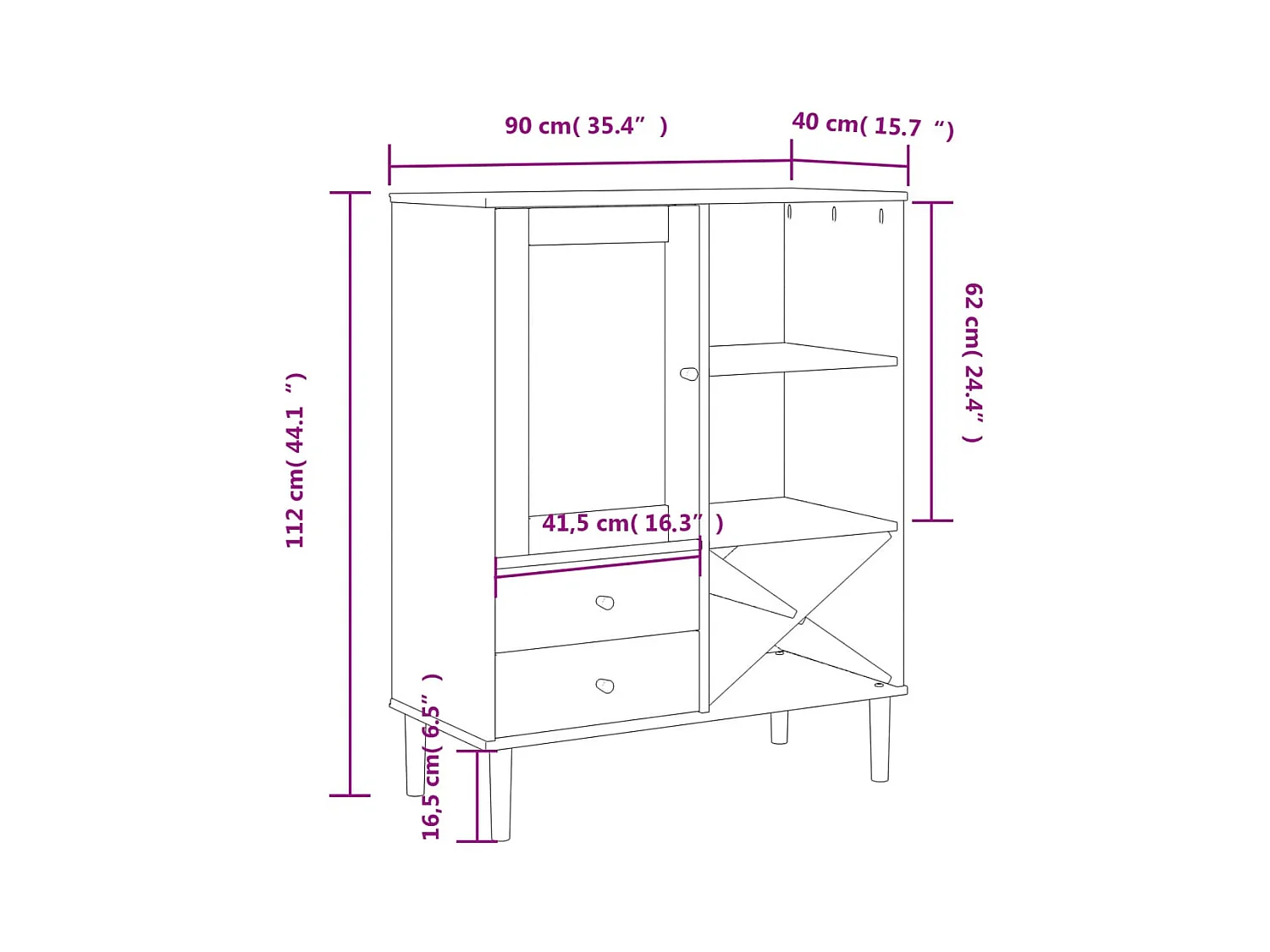 Aparador buffet cómoda mueble mueble de almacenaje organizador cocina salón salón aspecto ratán 90 x 40 x 112 cm madera maciza de pino marrón 02_0036235