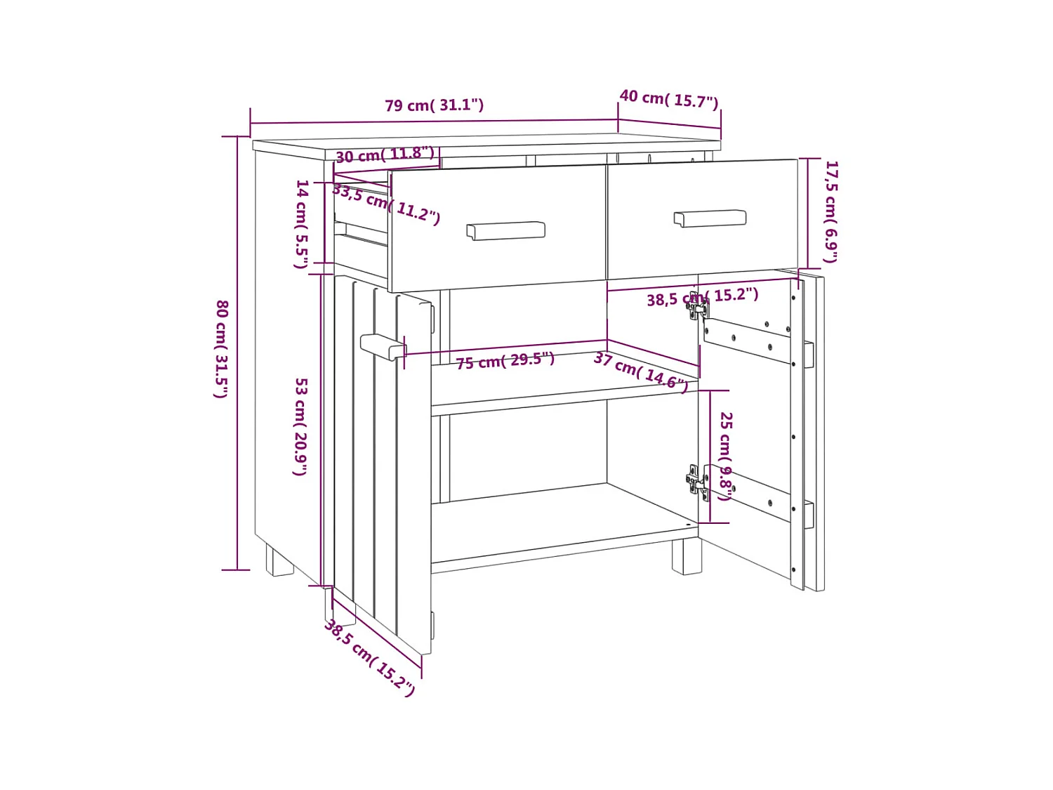 Aparador cômoda armário armário organizador cozinha sala sala 79 x 40 x 80 cm madeira maciça de pinho marrom 02_0032176
