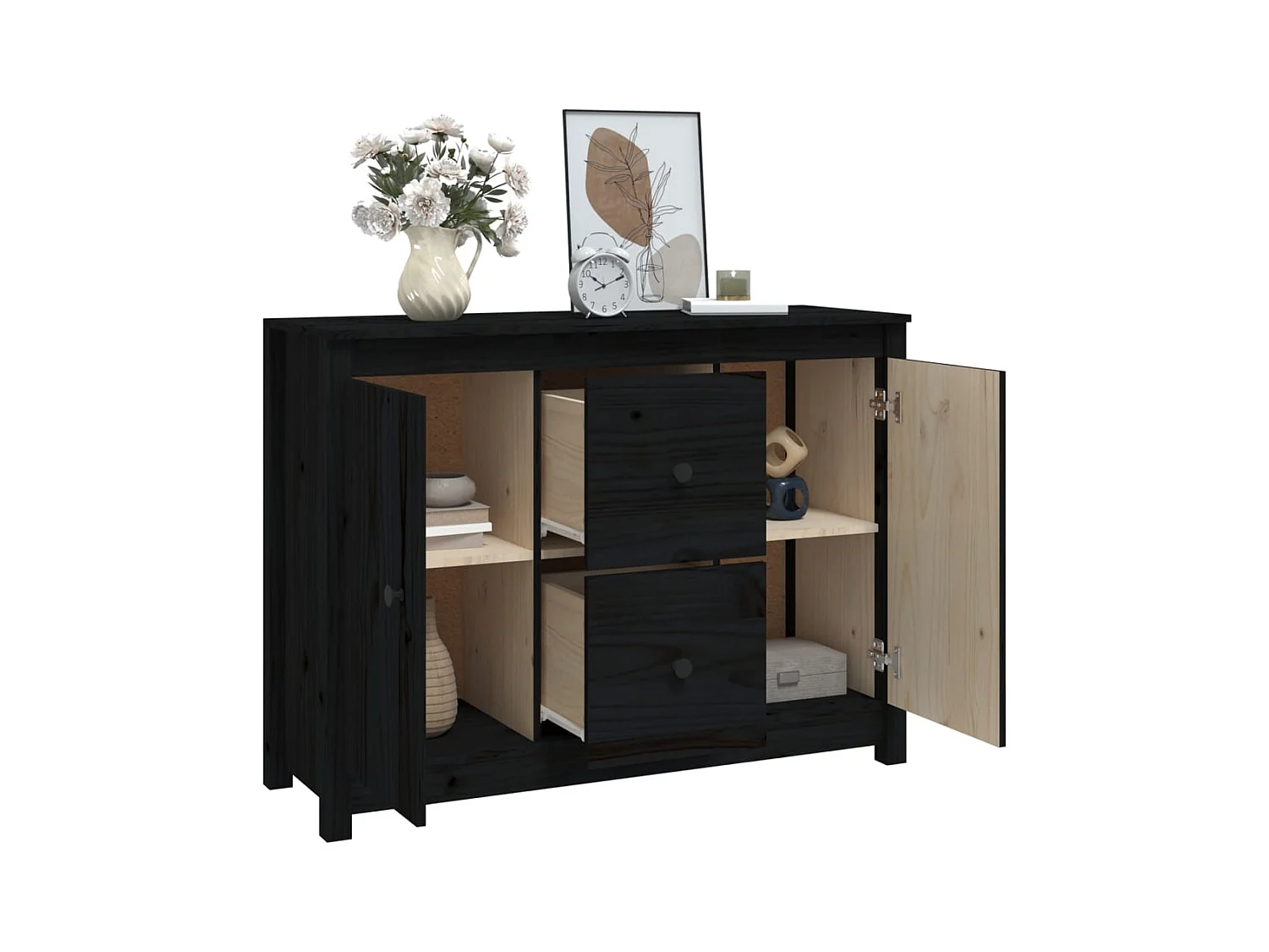 Buffet aparador cômoda armário organizador de unidade cozinha sala de estar 100 x 35 x 74 cm madeira maciça de pinho preto 02_0035792
