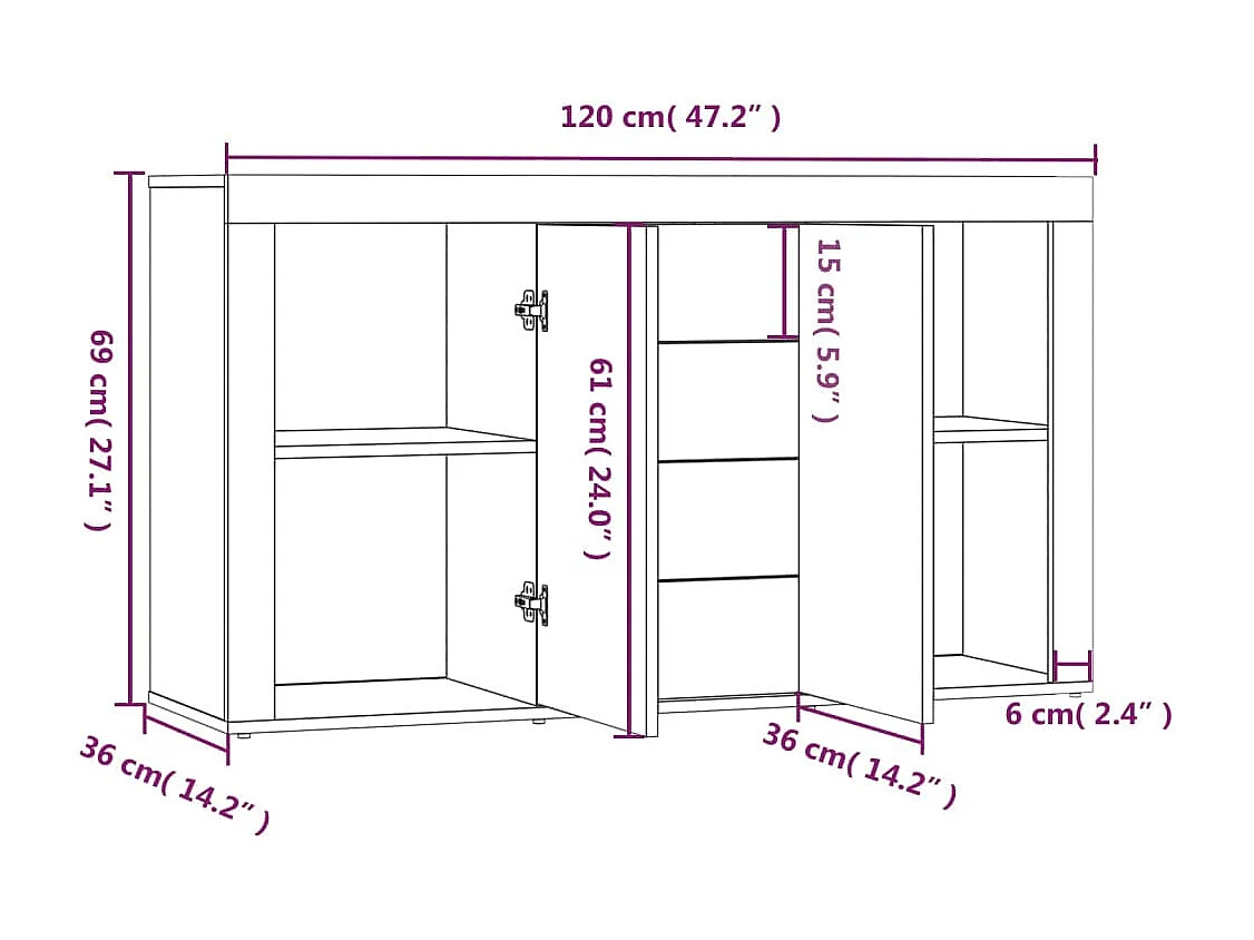 Buffet aparador cômoda armário unidade de armazenamento organizador cozinha sala sala 120 x 36 x 69 cm madeira trabalhada marrom 02_0030863