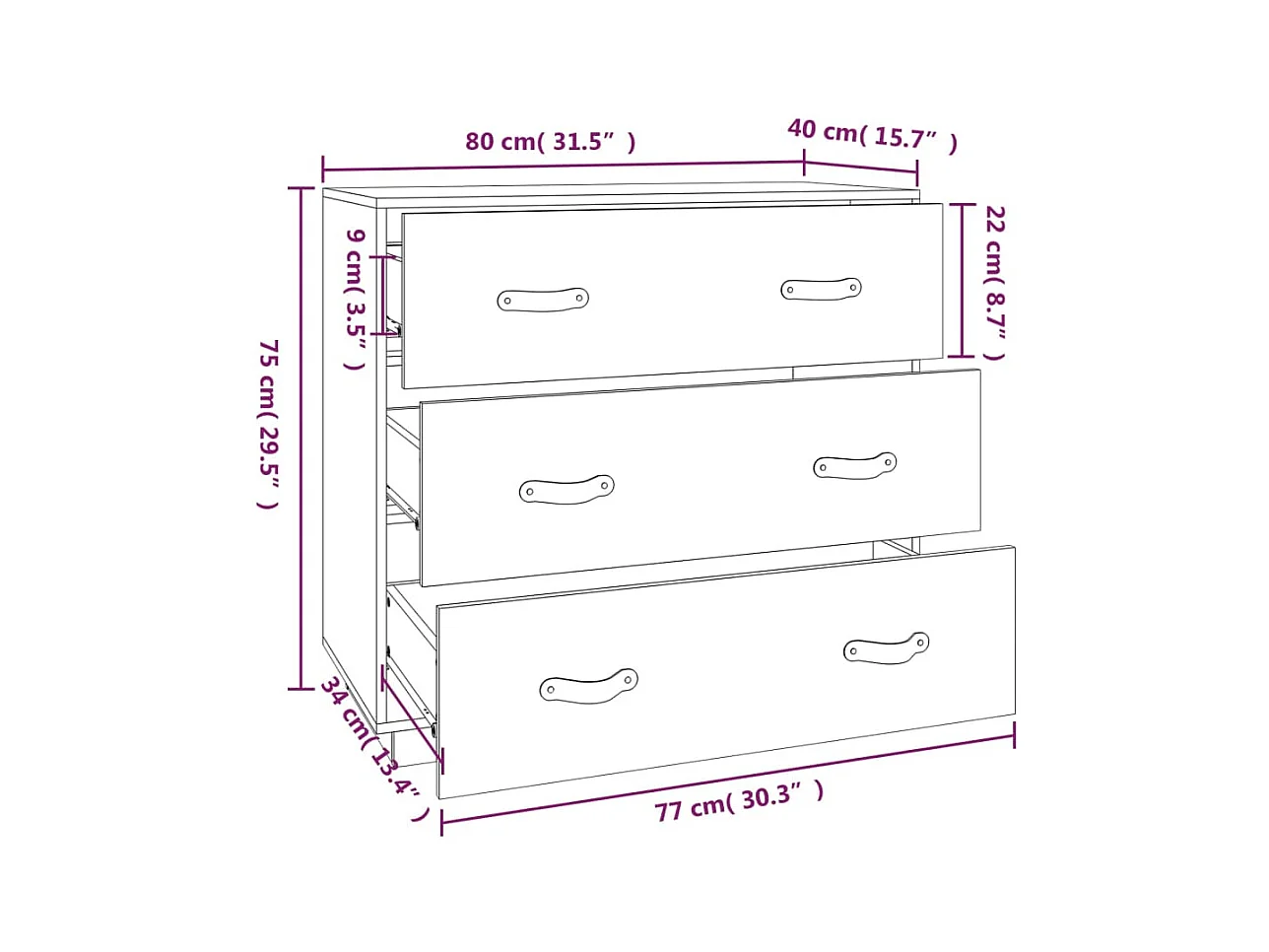 Aparador buffet cómoda armario unidad de almacenamiento organizador cocina salón salón 80 x 40 x 75 cm madera maciza de pino negro 02_0036136
