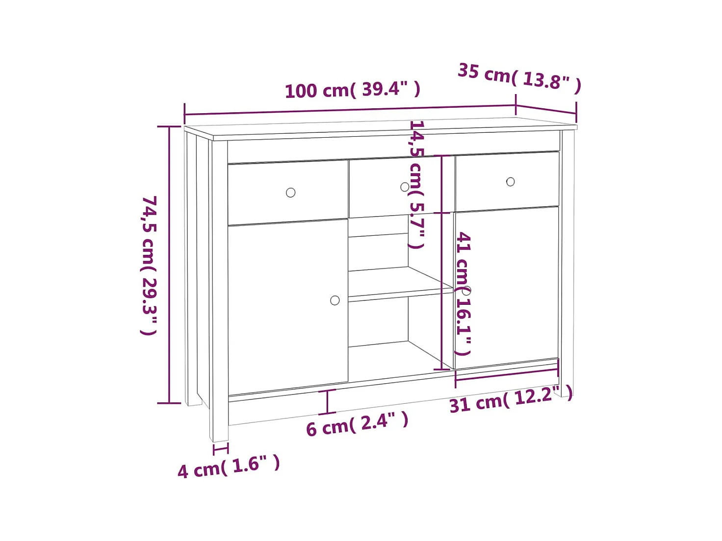 Credenza buffet cassettiera mobile contenitore organizer cucina soggiorno soggiorno 100 x 35 x 74,5 cm legno massello di pino nero 02_0035794