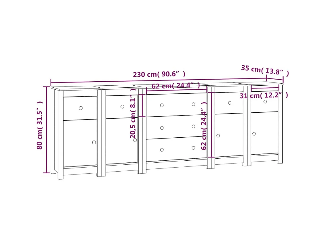 Aparador buffet cômoda armário organizador cozinha sala sala 230 x 35 x 80 cm madeira maciça de pinho marrom 02_0029567
