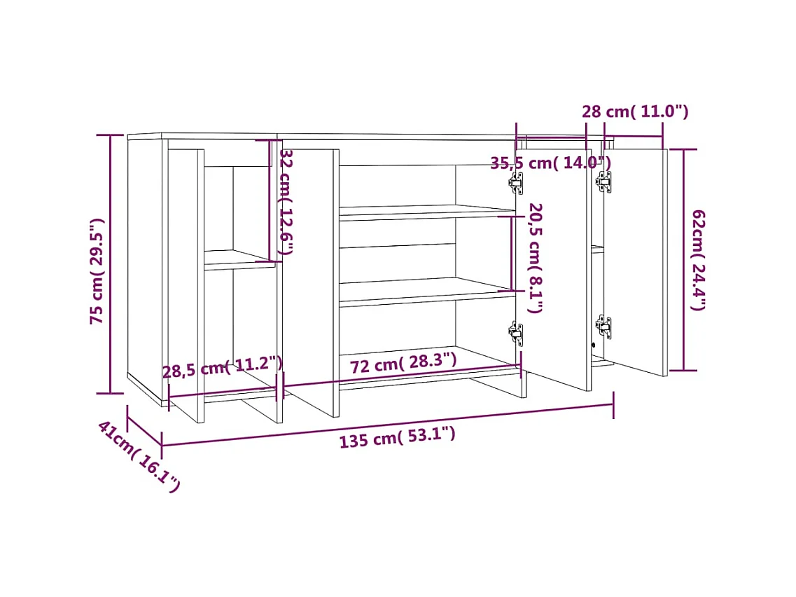 Aparador buffet cómoda armario unidad de almacenamiento organizador cocina salón salón 135 x 41 x 75 cm madera contrachapada marrón 02_0030865