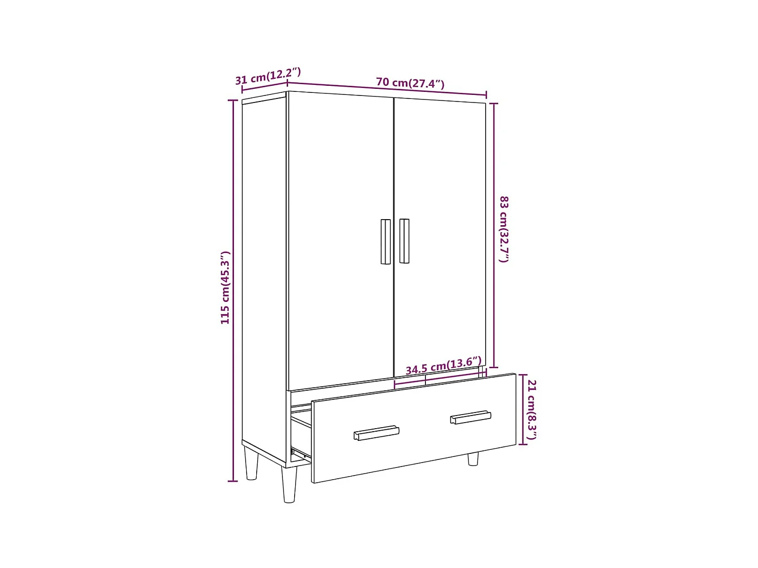 Aparador cômoda armário armário organizador cozinha sala sala alto 70 x 31 x 115 cm madeira trabalhada marrom 02_0033549