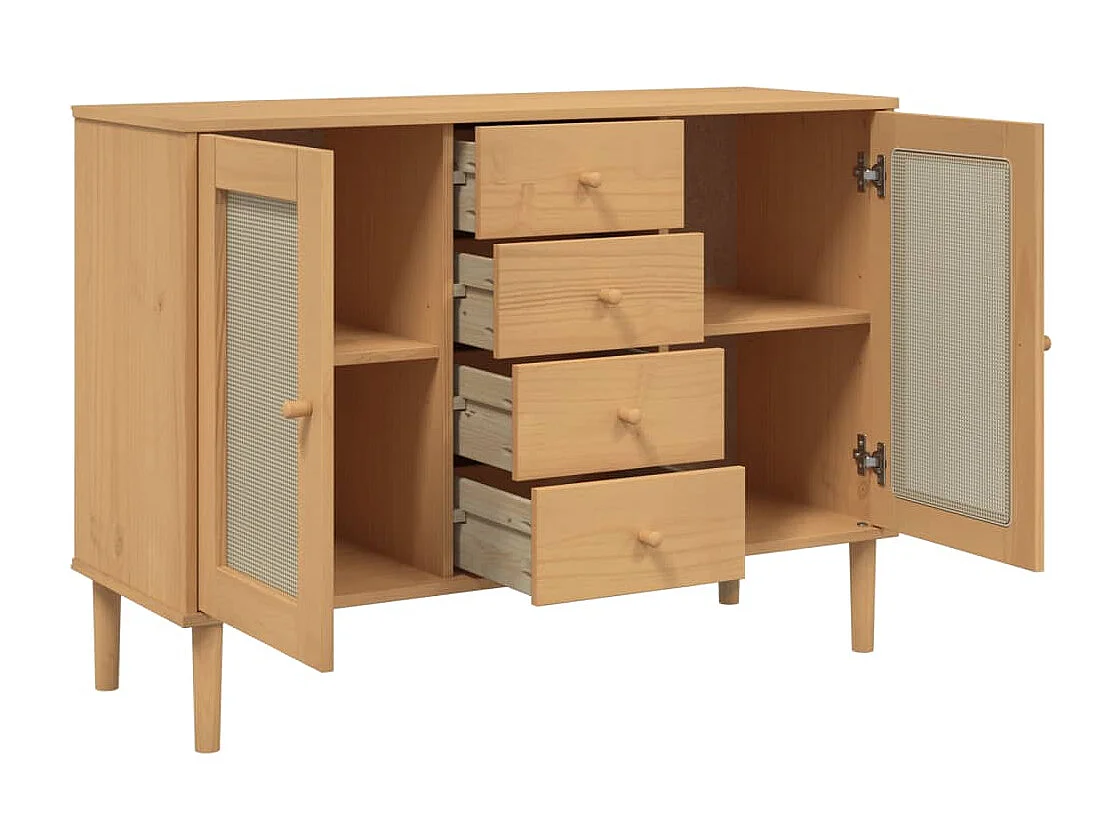 Aparador buffet cómoda mueble almacenaje organizador cocina salón salón aspecto ratán 112 x 40 x 80 cm madera maciza de pino marrón 02_0036230