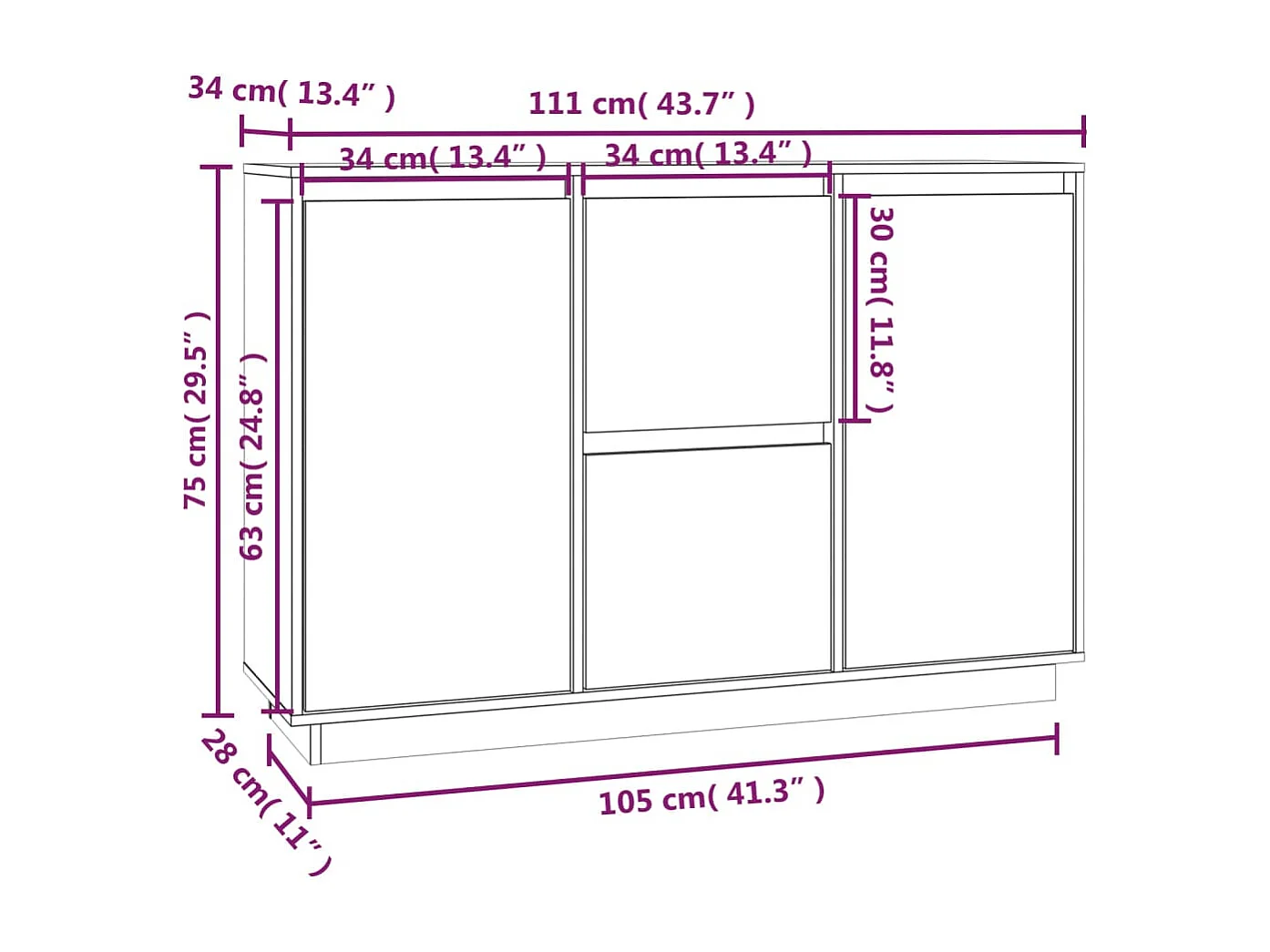 Credenza buffet cassettiera mobile contenitore organizer cucina soggiorno soggiorno 111 x 34 x 75 cm legno massello di pino grigio 02_0031778