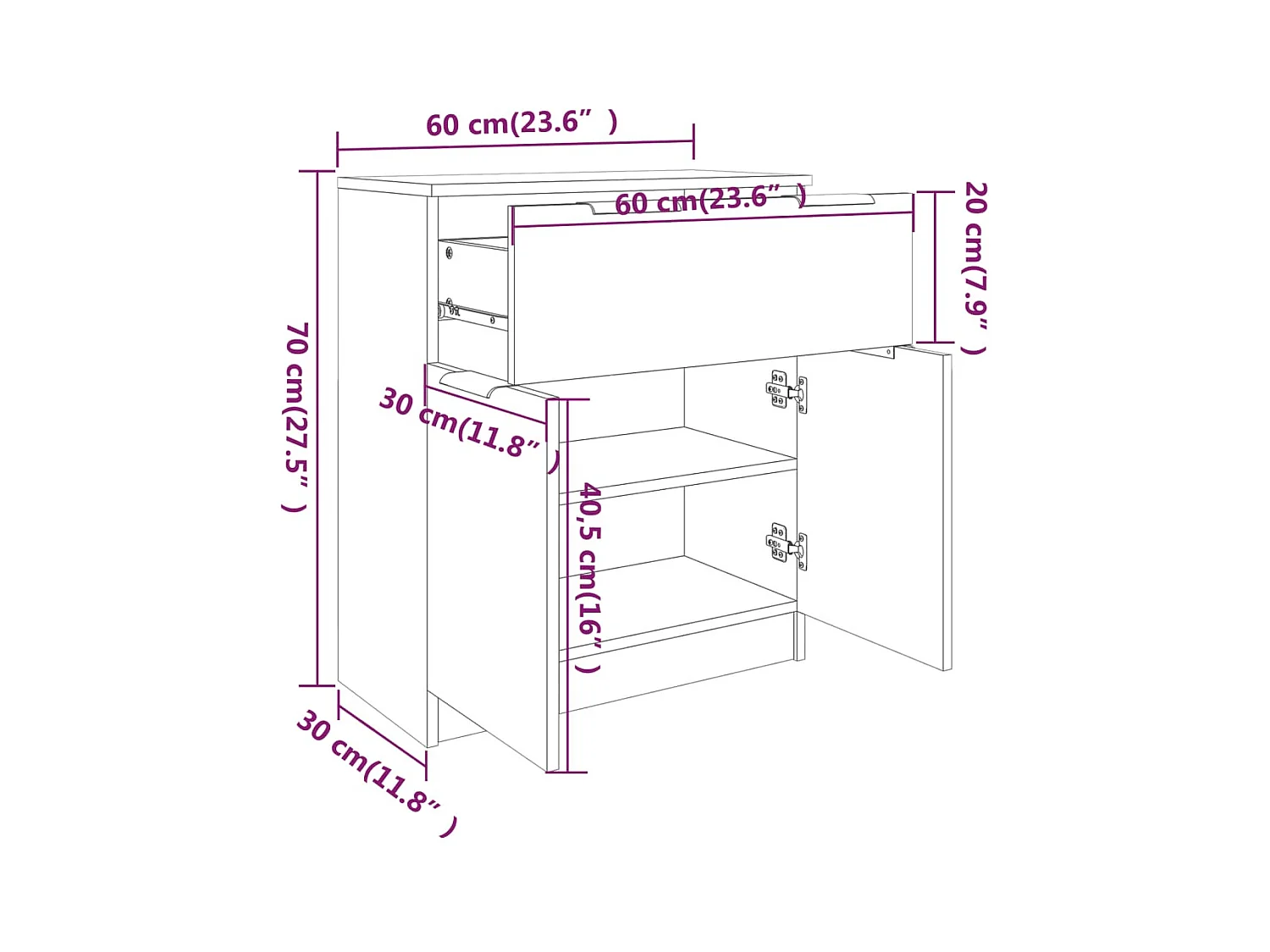Credenza buffet cassettiera mobile contenitore organizer cucina soggiorno soggiorno 60 x 30 x 70 cm derivati ​​del legno bianco 02_0030331