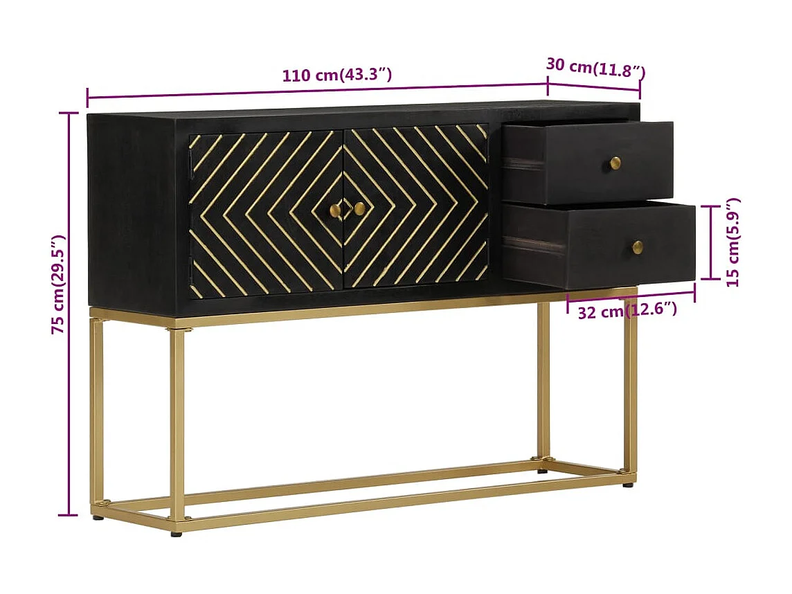 Aparador buffet cómoda mueble almacenaje organizador cocina salón salón y oro 110 x 30 x 75 cm madera maciza de mango negro 02_0036169