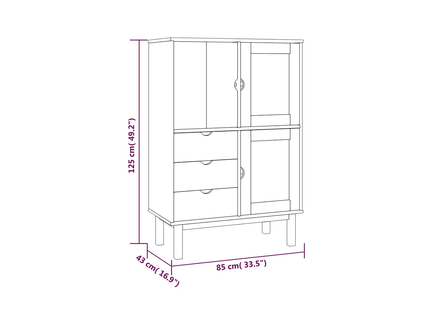 Aparador Buffet cômoda armário organizador unidade cozinha sala sala alta 85 x 43 x 125 cm madeira maciça de pinho marrom 02_0035150