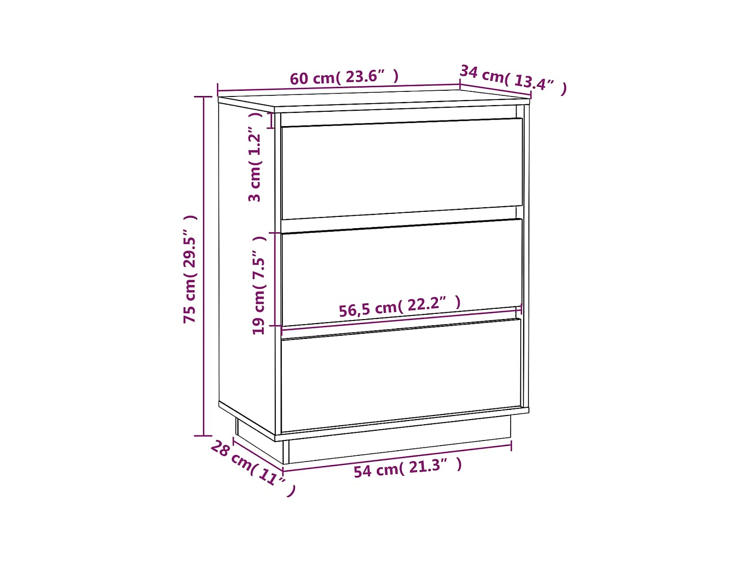 Credenza buffet cassettiera mobile contenitore organizer cucina soggiorno soggiorno 60 x 34 x 75 cm legno massello di pino bianco 02_0030349