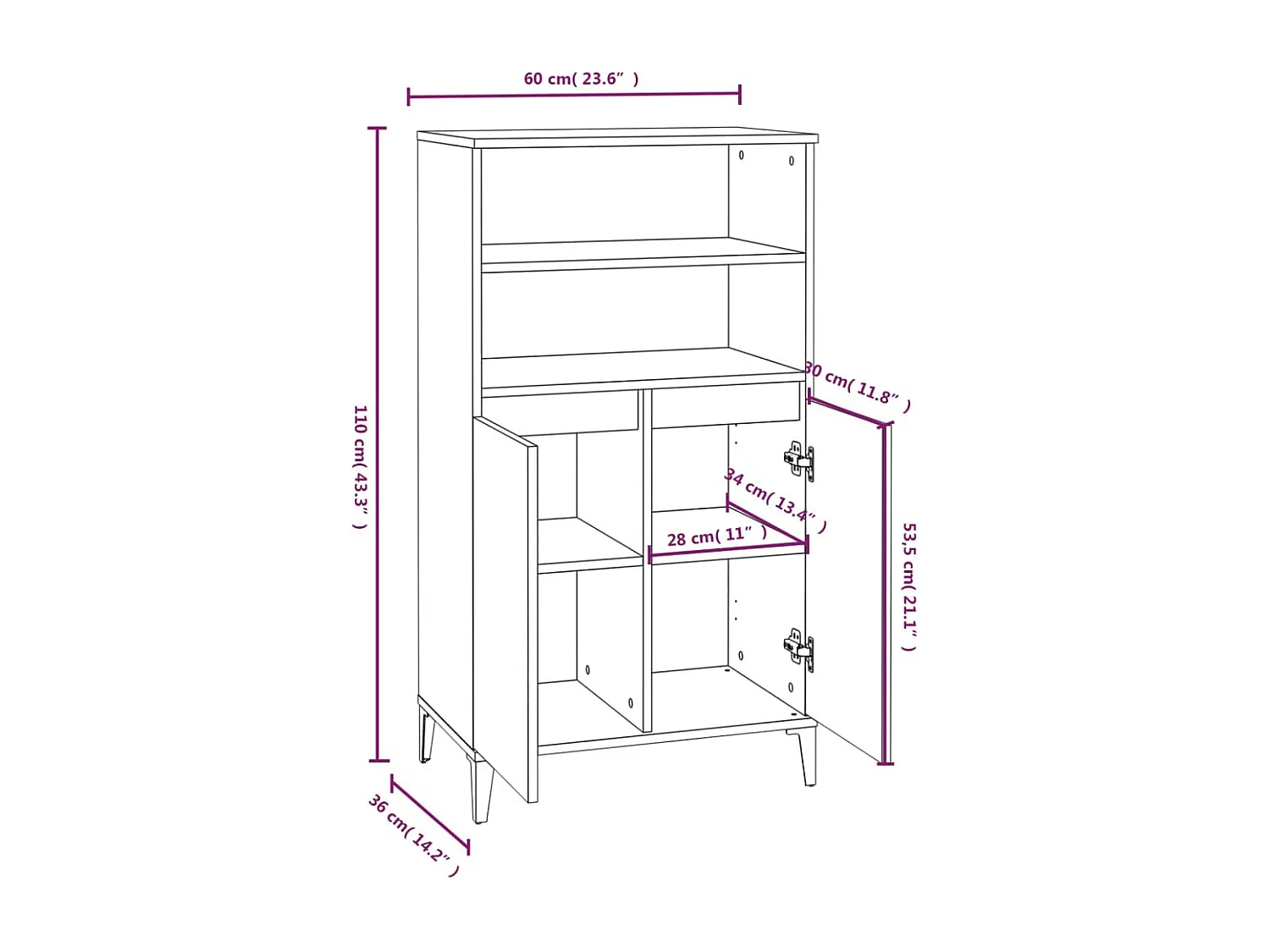 Aparador buffet cómoda armario mueble organizador cocina salón salón alto 60 x 36 x 110 cm madera contrachapada marrón 02_0033375