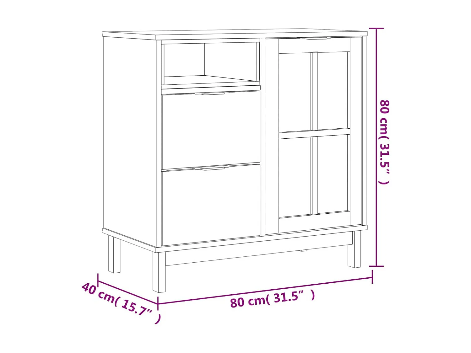 Aparador cômoda armário organizador de unidade cozinha sala sala com porta de vidro 80 x 40 x 80 cm madeira maciça de pinho marrom 02_0030104