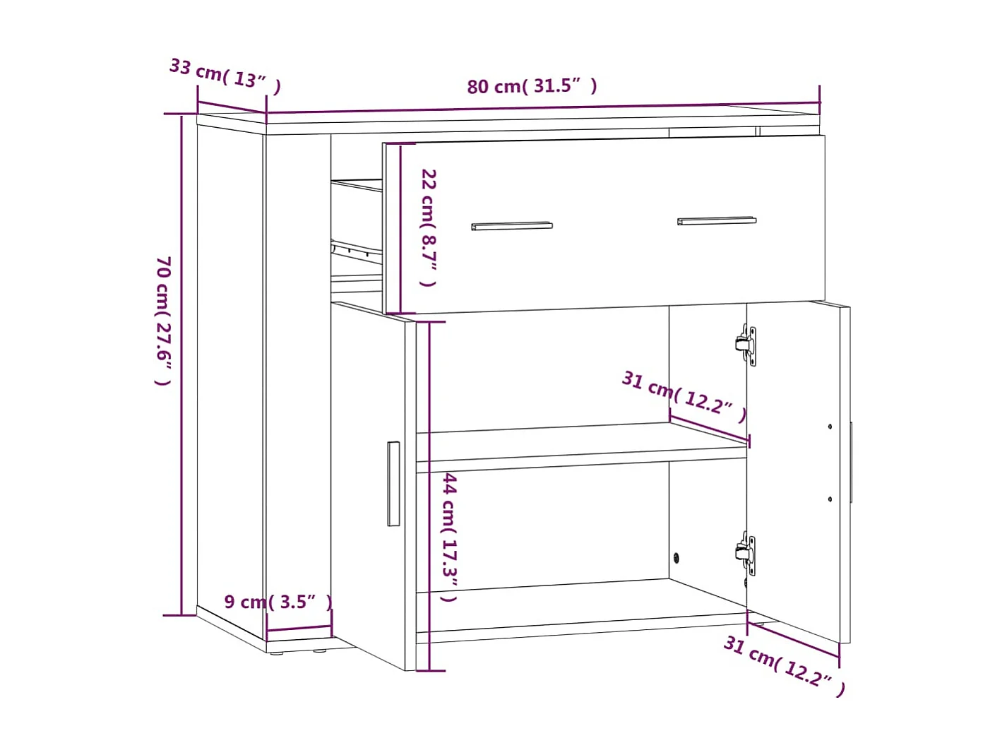 Buffet aparador cômoda armário unidade de armazenamento organizador cozinha sala sala 80 x 33 x 70 cm madeira trabalhada cinza 02_0032100