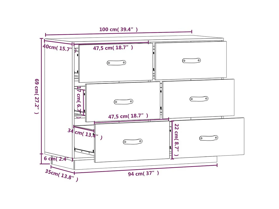 Credenza buffet cassettiera mobile contenitore organizer cucina soggiorno soggiorno 100 x 40 x 75 cm legno massello di pino bianco 02_0030171