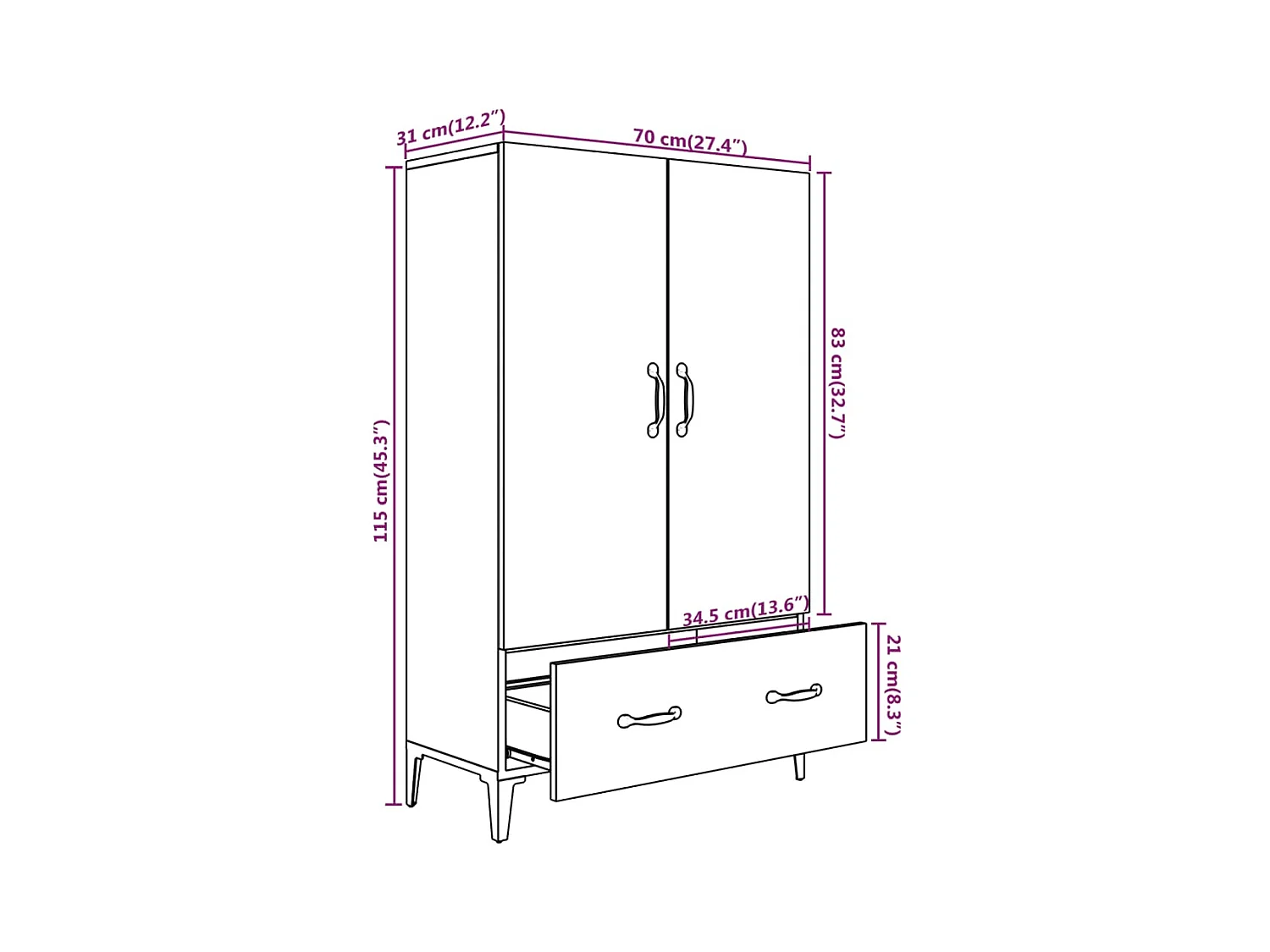Aparador cômoda armário armário organizador cozinha sala sala alto 70 x 31 x 115 cm madeira trabalhada cinza 02_0034708