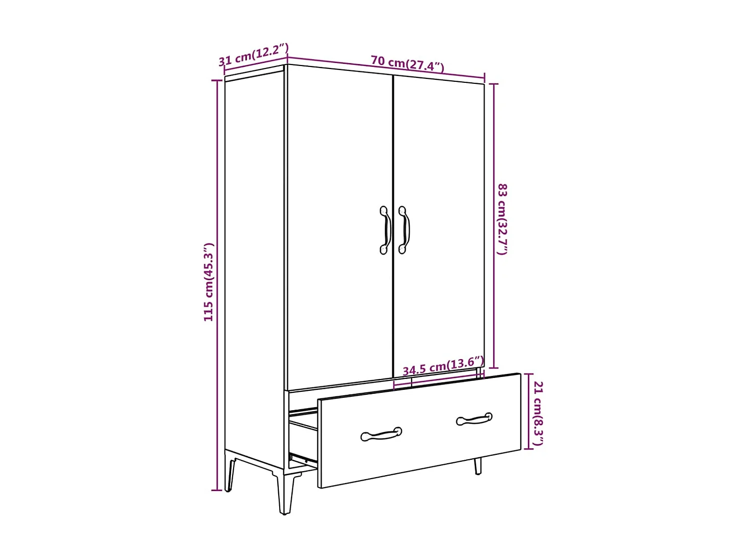 Aparador cómoda cómoda armario mueble organizador cocina salón salón alto 70 x 31 x 115 cm madera contrachapada gris 02_0034708