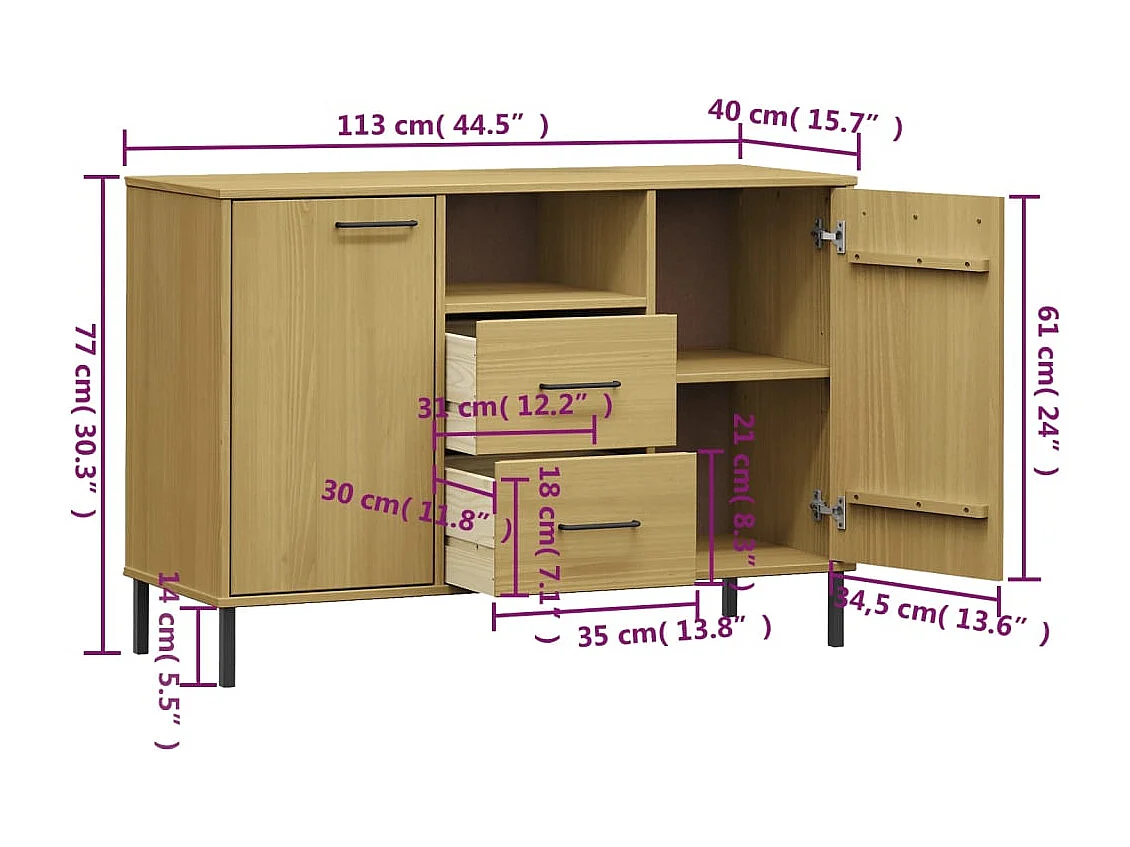 Aparador buffet cómoda armario mueble organizador cocina salón salón con patas de metal 113 x 40 x 77 cm madera maciza marrón 02_0030095