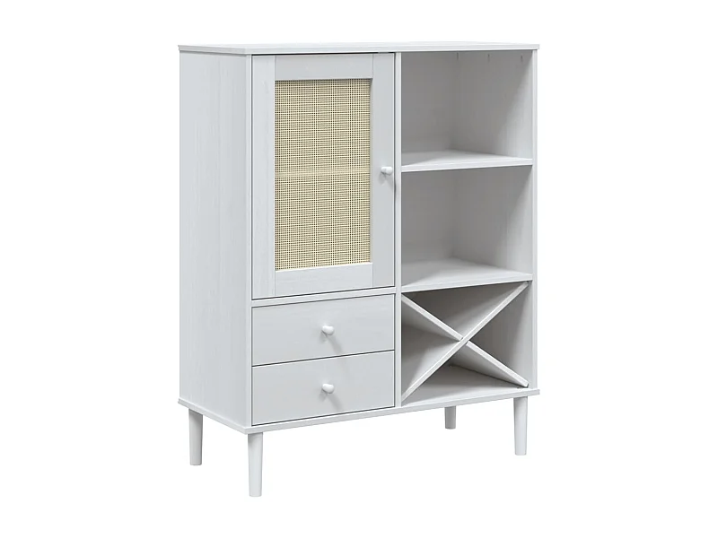 Credenza buffet cassettiera mobile contenitore organizer cucina soggiorno soggiorno effetto rattan 90 x 40 x 112 cm legno massello di pino bianco 02_0036228