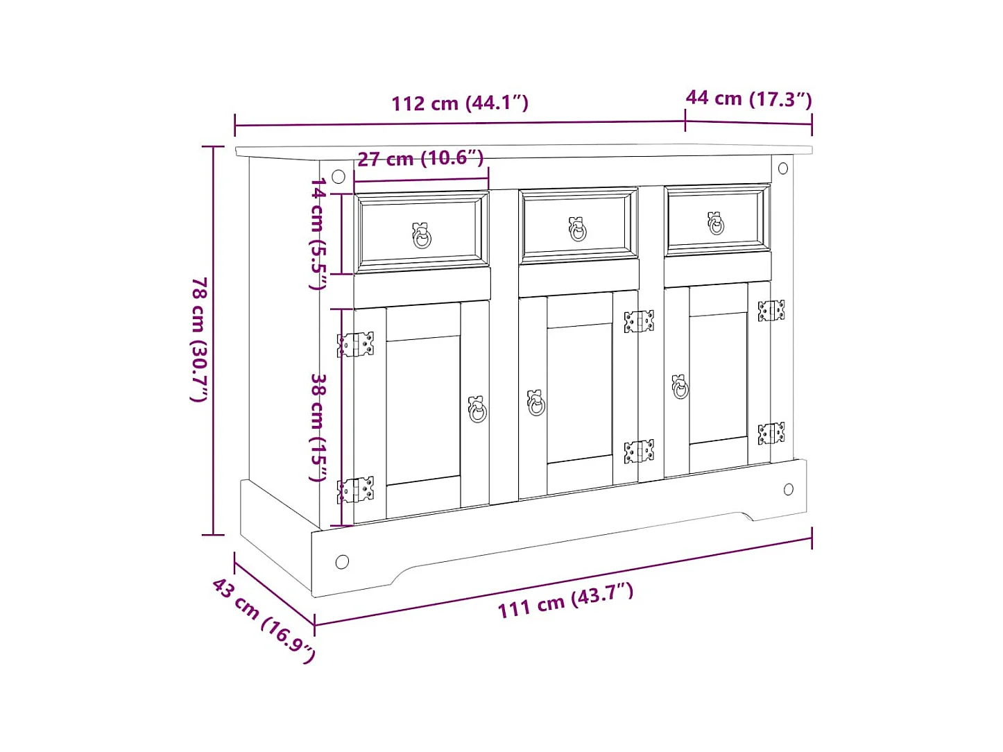 Aparador cómoda cómoda armario mueble organizador cocina salón Corona 112 x 43 x 78 cm madera maciza pino mexicano marrón 02_0031749