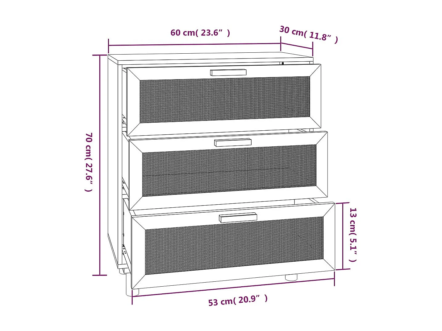 Credenza cassettiera cassettiera mobile contenitore organizer cucina soggiorno soggiorno 60 x 30 x 70 cm legno di pino massiccio e rattan nero naturale 02_0035967