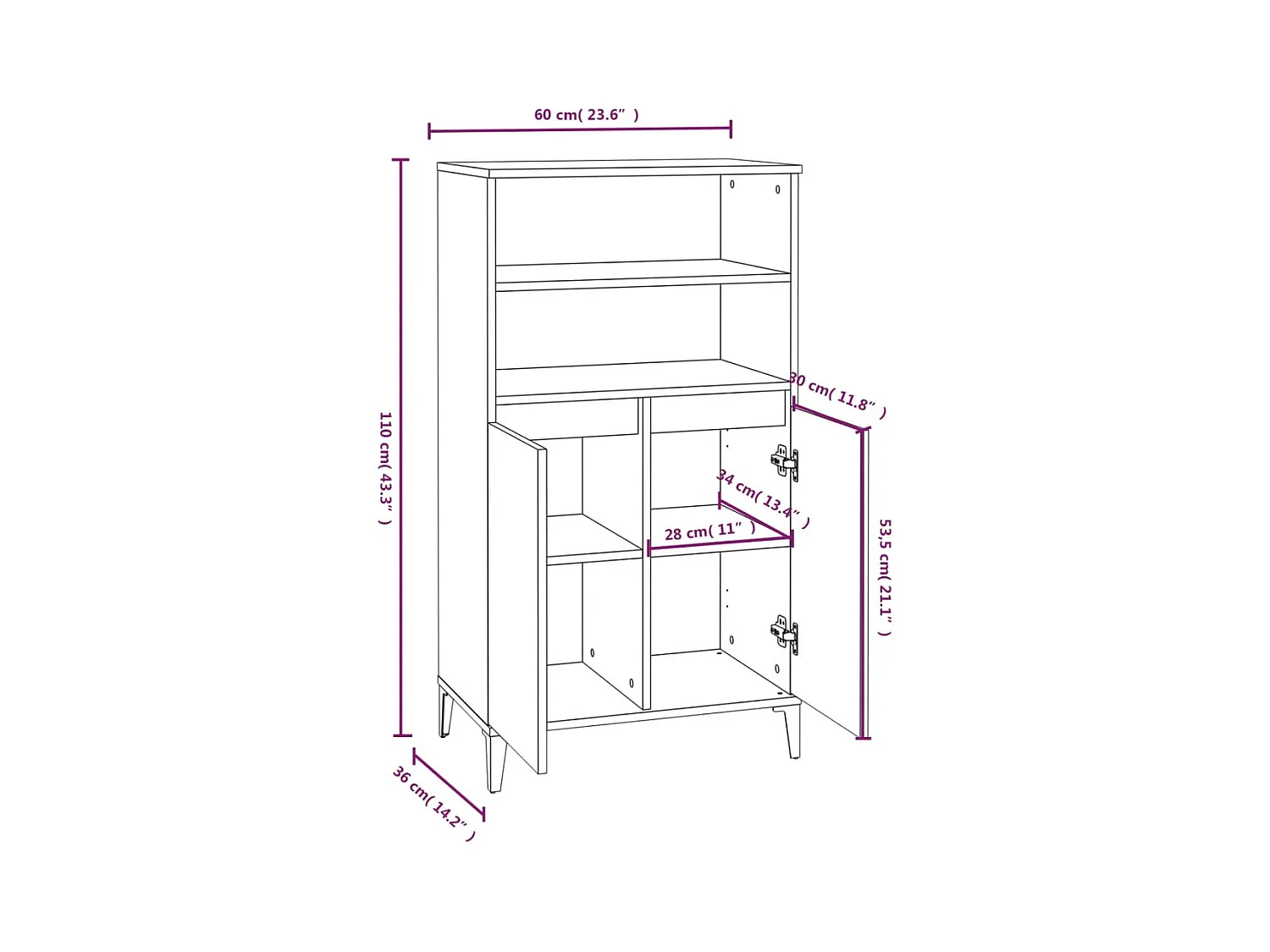 Aparador buffet cómoda armario mueble organizador cocina salón salón alto 60 x 36 x 110 cm madera contrachapada gris 02_0034455