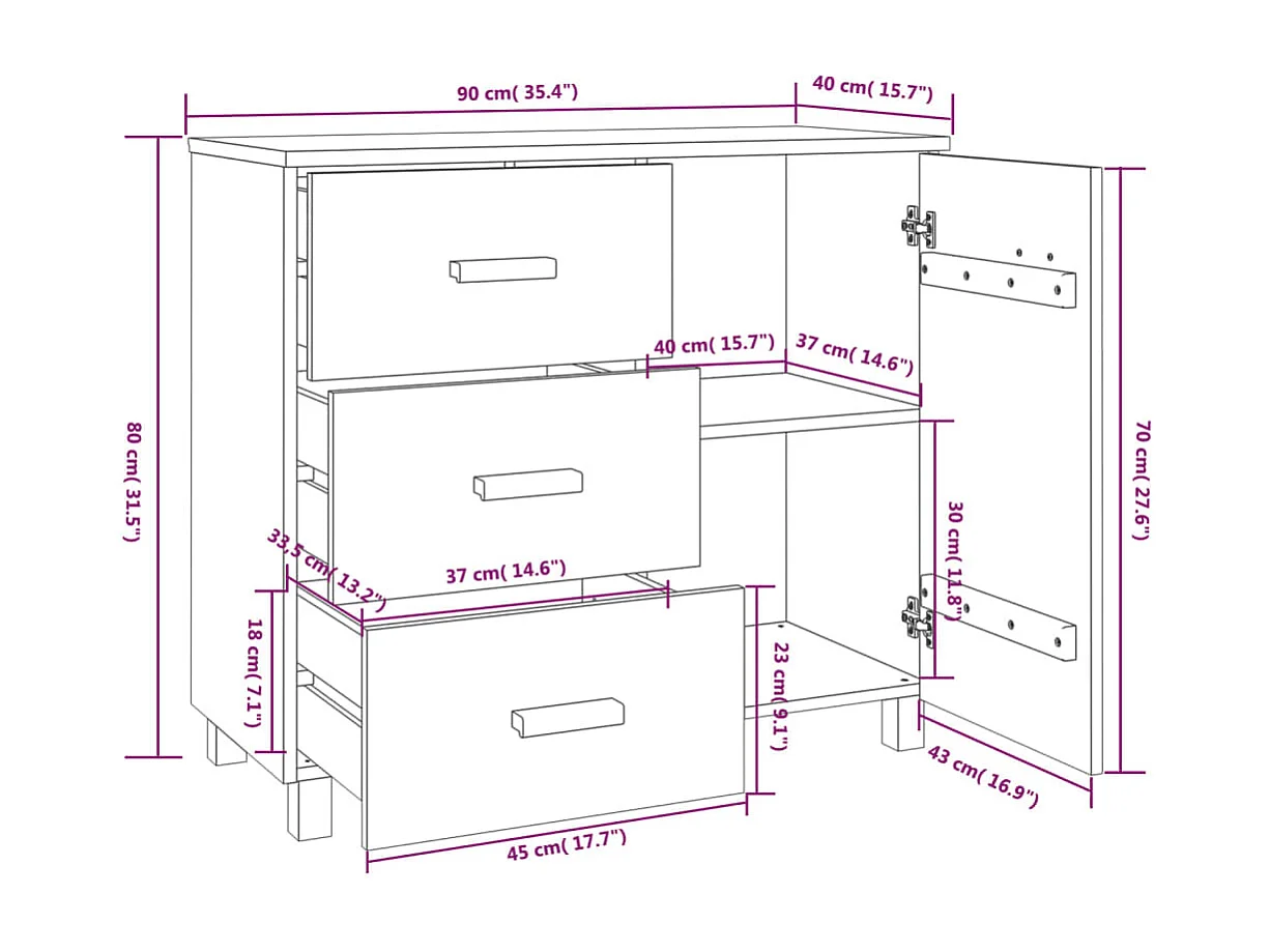 Aparador cómoda cómoda armario mueble organizador cocina salón luz 90 x 40 x 80 cm madera maciza de pino gris 02_0032162
