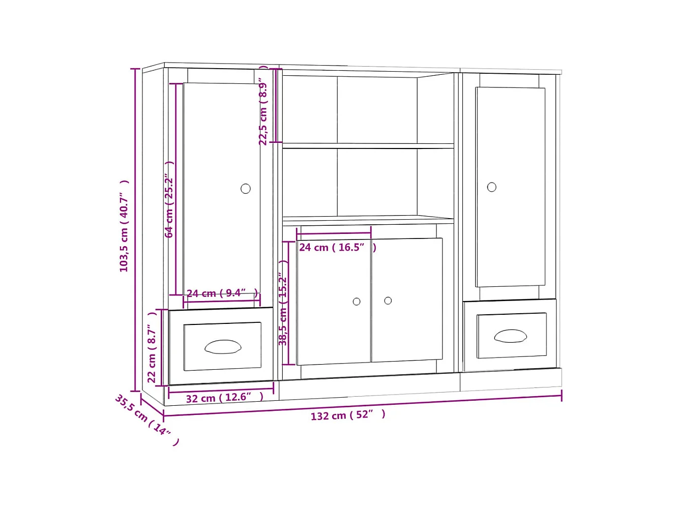 Buffet credenza cassettiera mobile contenitore organizer cucina soggiorno soggiorni 3 pz derivati ​​del legno bianco 02_0037010