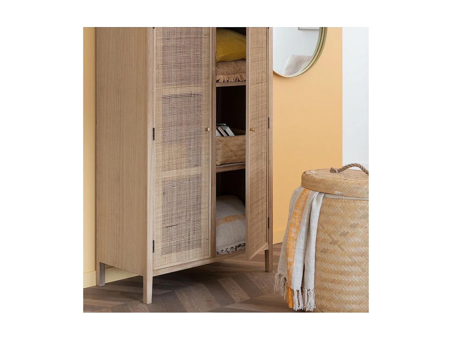 Armoire 2 portes en bois et rotin naturel - L80 cm