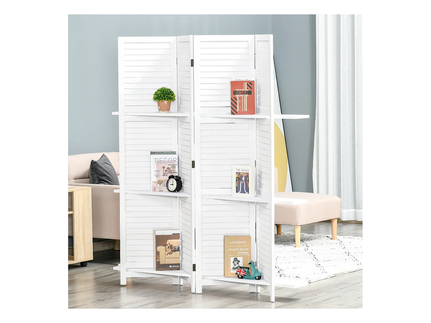 Paravent intérieur 4 panneaux 3 étagères pliables séparateur de pièce portes persiennes bois de paulownia blanc