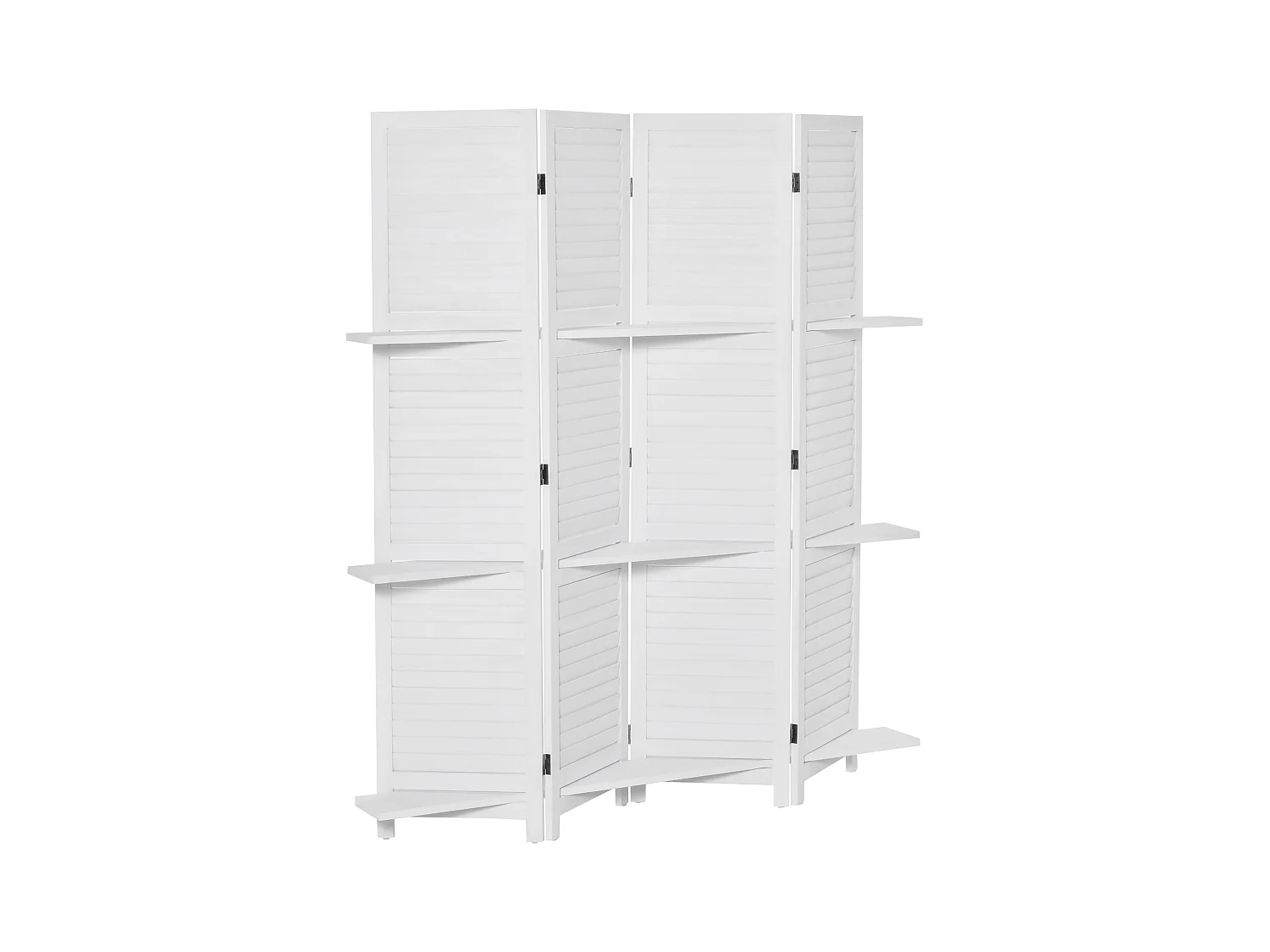 Paravent intérieur 4 panneaux 3 étagères pliables séparateur de pièce portes persiennes bois de paulownia blanc