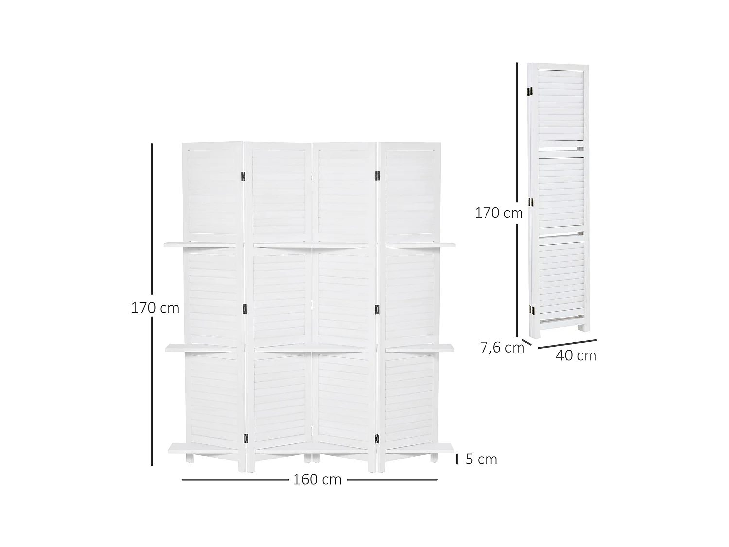 Paravent intérieur 4 panneaux 3 étagères pliables séparateur de pièce portes persiennes bois de paulownia blanc