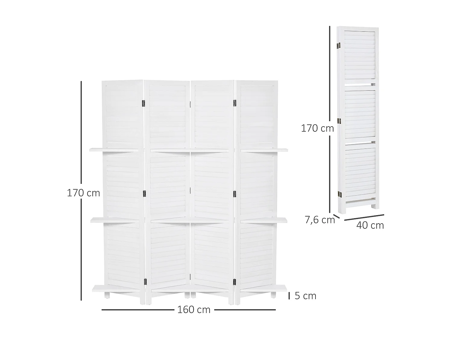 Paravent intérieur 4 panneaux 3 étagères pliables séparateur de pièce portes persiennes bois de paulownia blanc