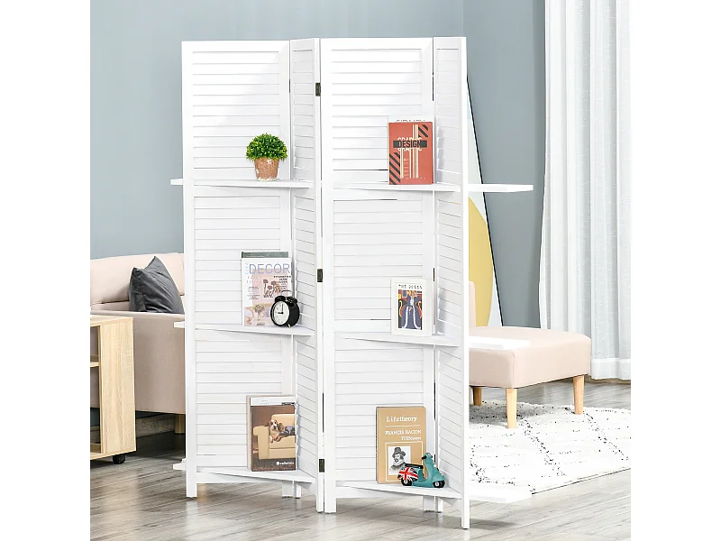 Paravent intérieur 4 panneaux 3 étagères pliables séparateur de pièce portes persiennes bois de paulownia blanc
