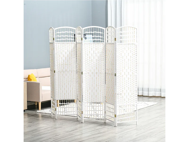 Paravent intérieur 6 panneaux pliables séparateur de pièce bois de peuplier bambou fibres de papier tressée blanc paille