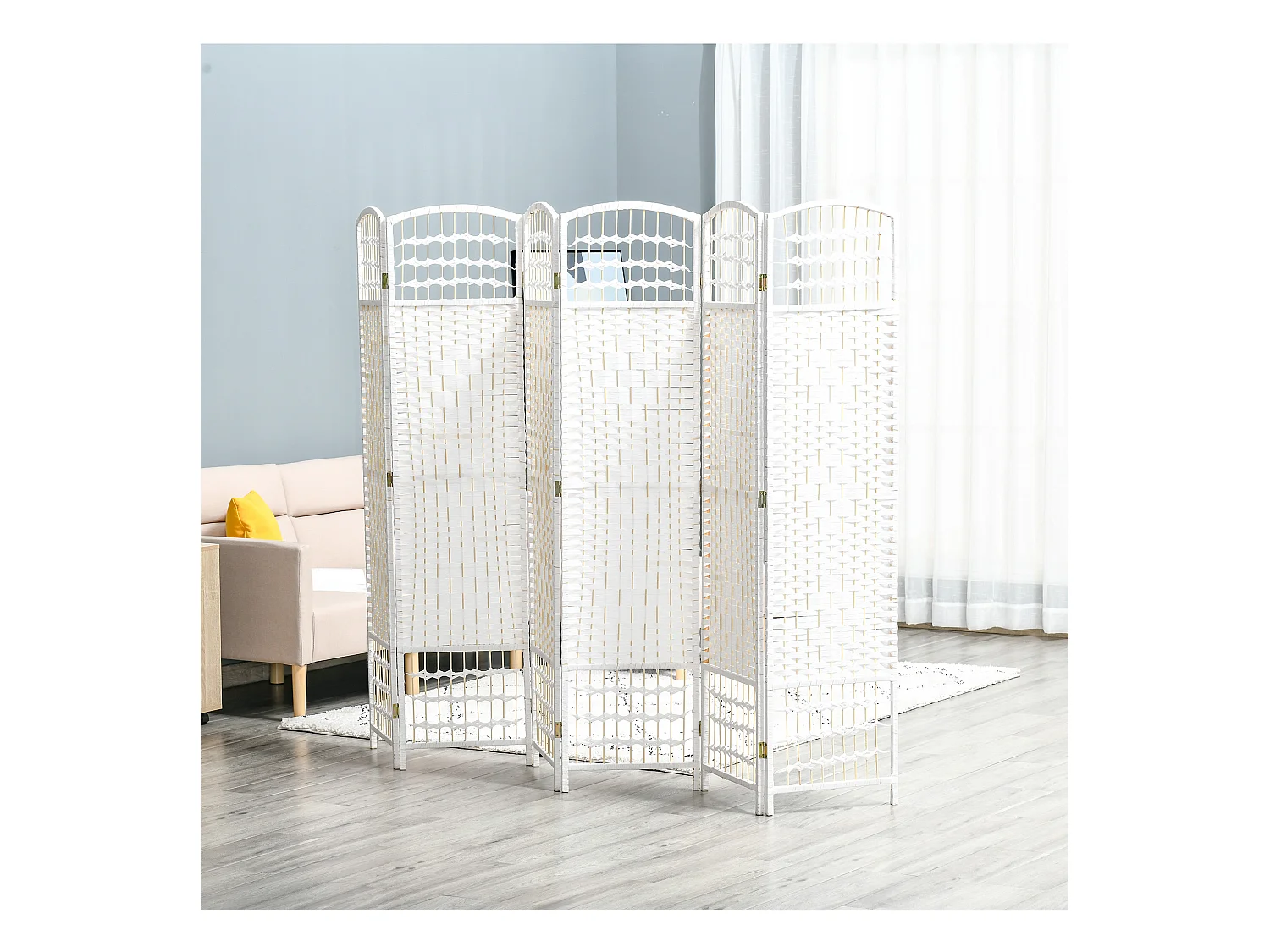 Paravent intérieur 6 panneaux pliables séparateur de pièce bois de peuplier bambou fibres de papier tressée blanc paille