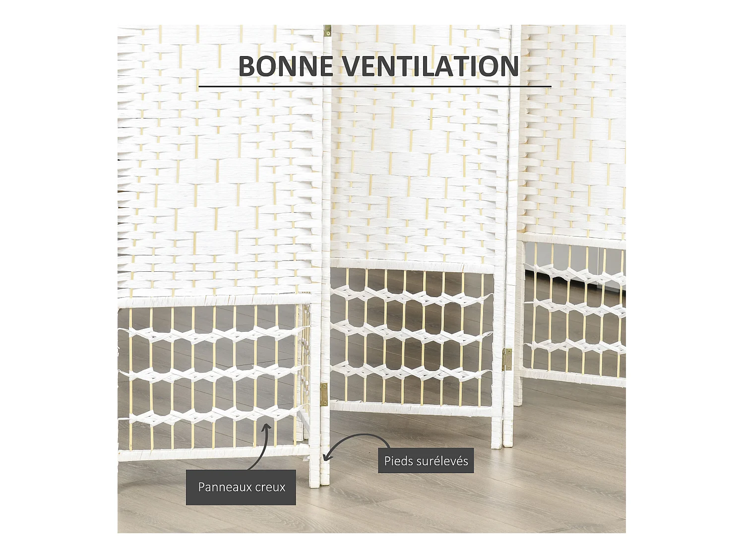 Paravent intérieur 6 panneaux pliables séparateur de pièce bois de peuplier bambou fibres de papier tressée blanc paille