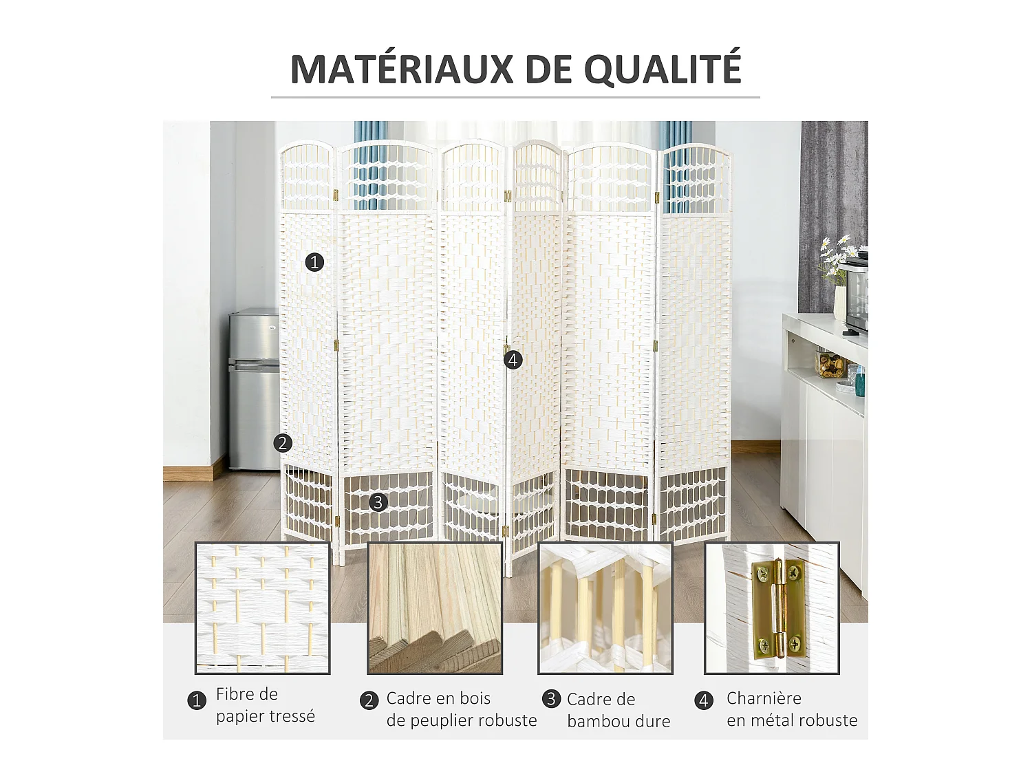 Paravent intérieur 6 panneaux pliables séparateur de pièce bois de peuplier bambou fibres de papier tressée blanc paille