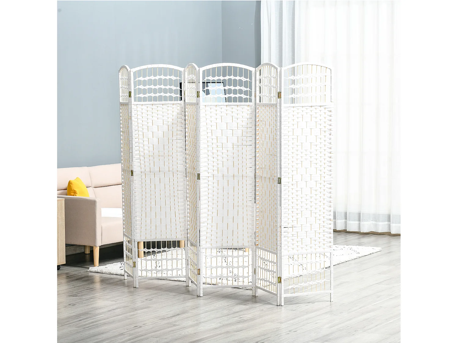 Paravent intérieur 6 panneaux pliables séparateur de pièce bois de peuplier bambou fibres de papier tressée blanc paille