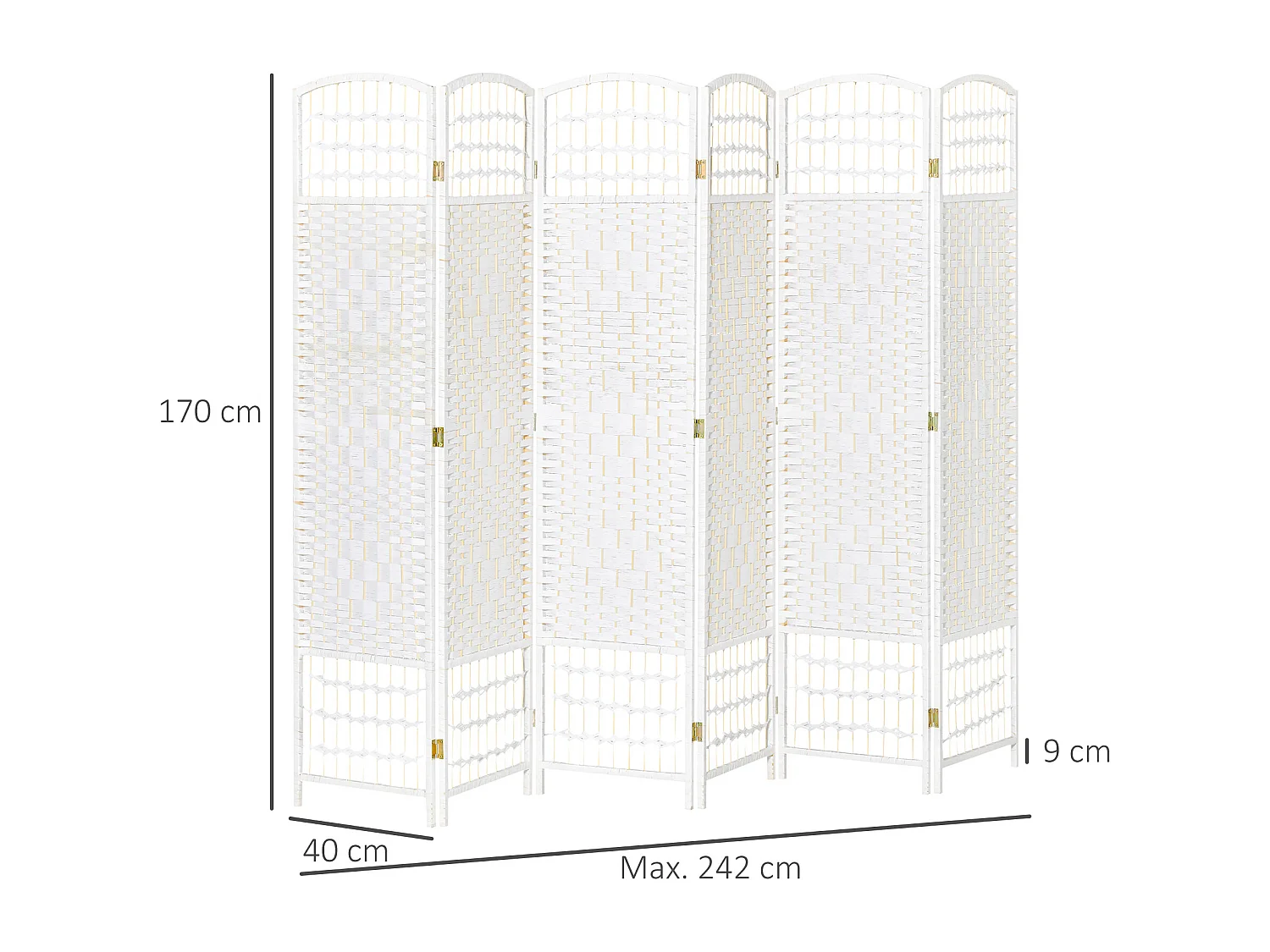 Paravent intérieur 6 panneaux pliables séparateur de pièce bois de peuplier bambou fibres de papier tressée blanc paille