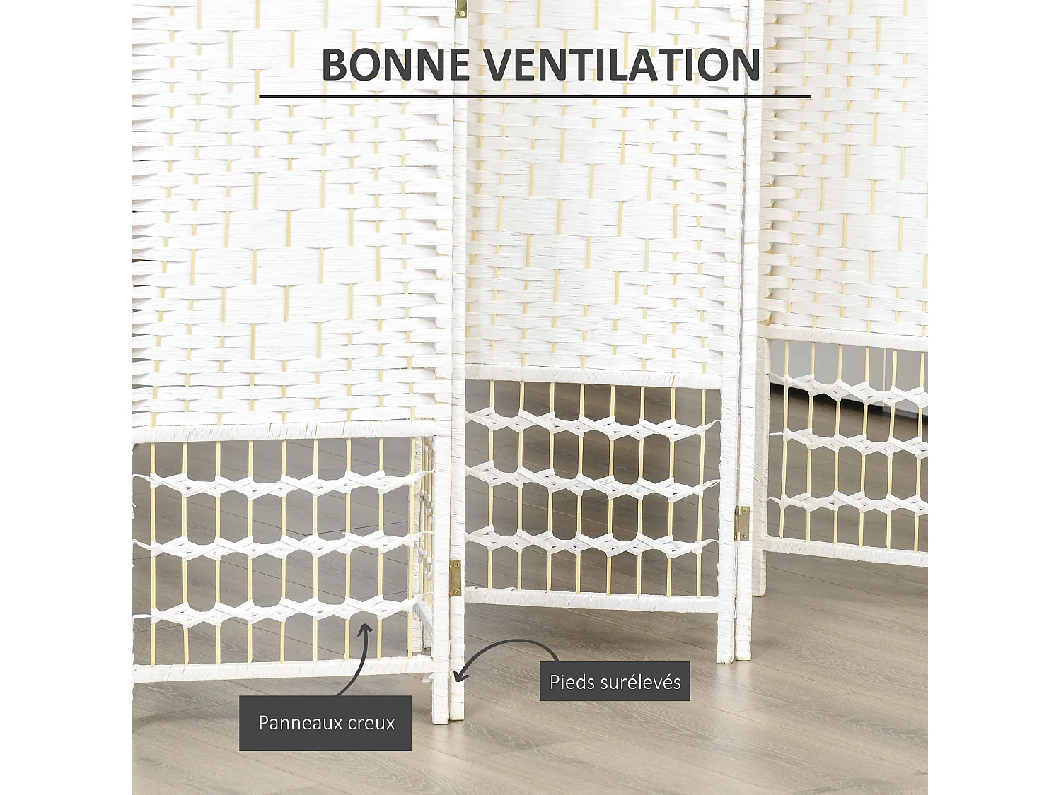 Paravent intérieur 6 panneaux pliables séparateur de pièce bois de peuplier bambou fibres de papier tressée blanc paille